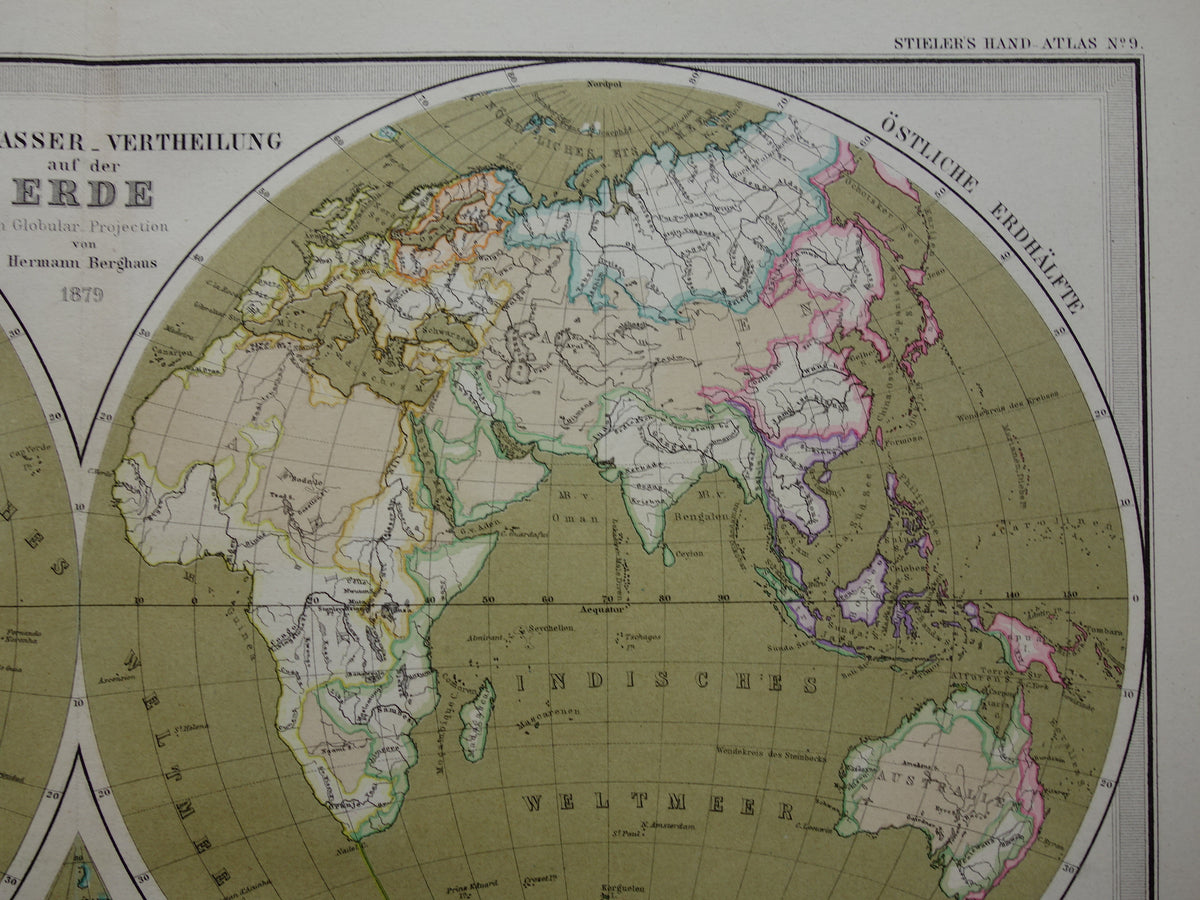 WERELDKAART grote oude kaart van de Wereld uit 1880 originele vintage landkaart grootste landmassa watermassa met datum