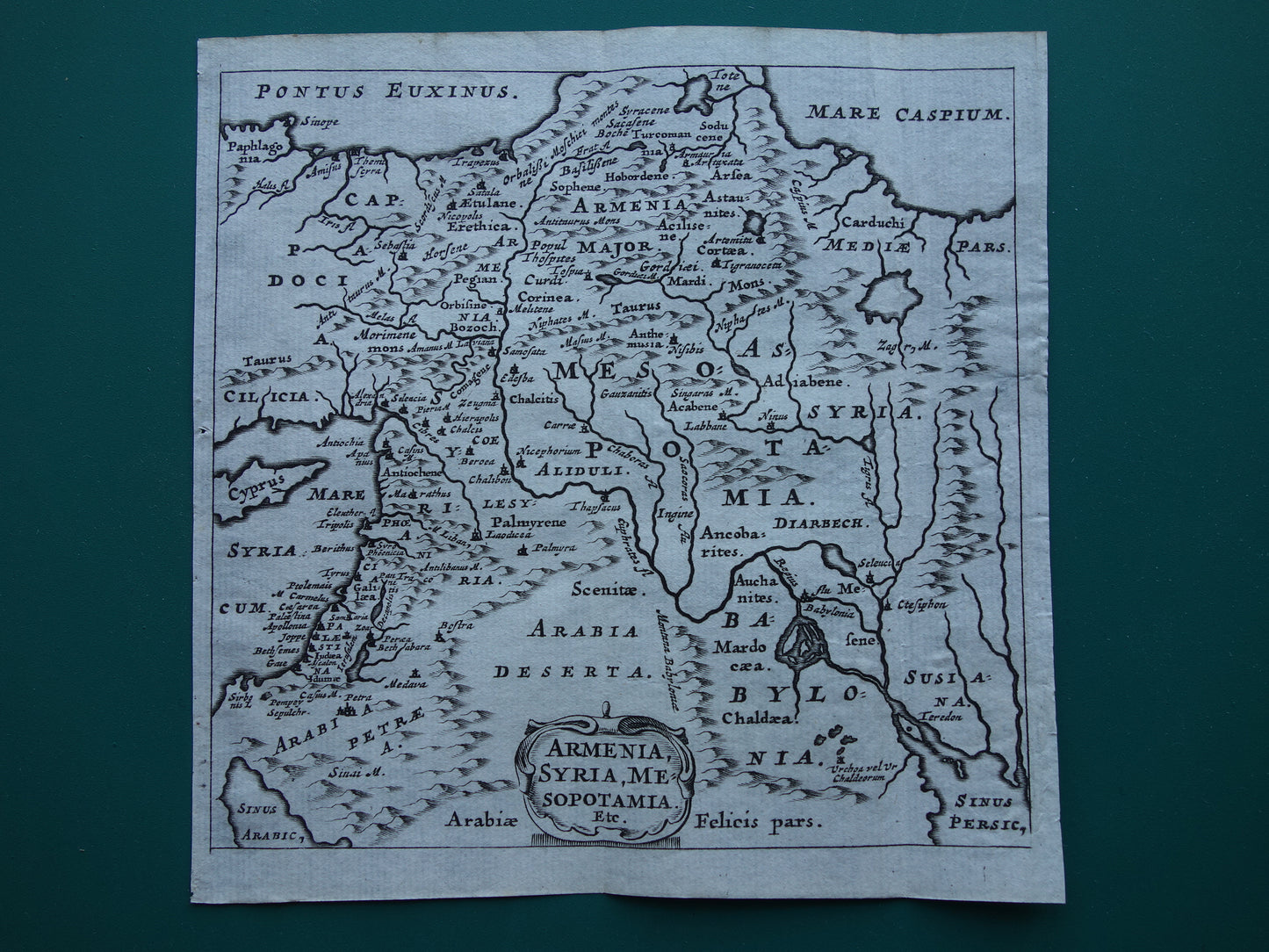 Oude kaart van Palestina Syrië Mesopotamië Armenië in de oudheid 1661 originele antieke landkaart klein formaat Armenia Syria Mesopotami Cluver