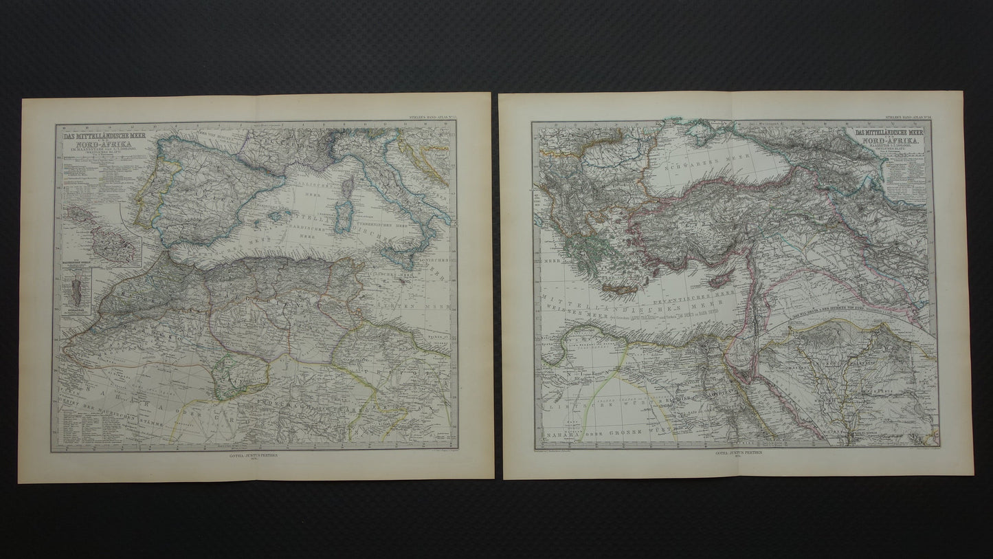 Middellandse Zee oude kaart van het Middellandse Zeegebied uit 1876 Originele antieke handgekleurde landkaart