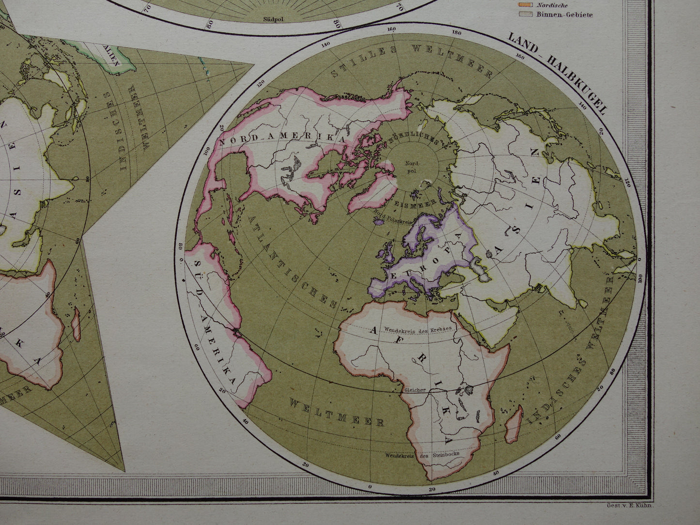 WERELDKAART grote oude kaart van de Wereld uit 1880 originele vintage landkaart grootste landmassa watermassa met datum