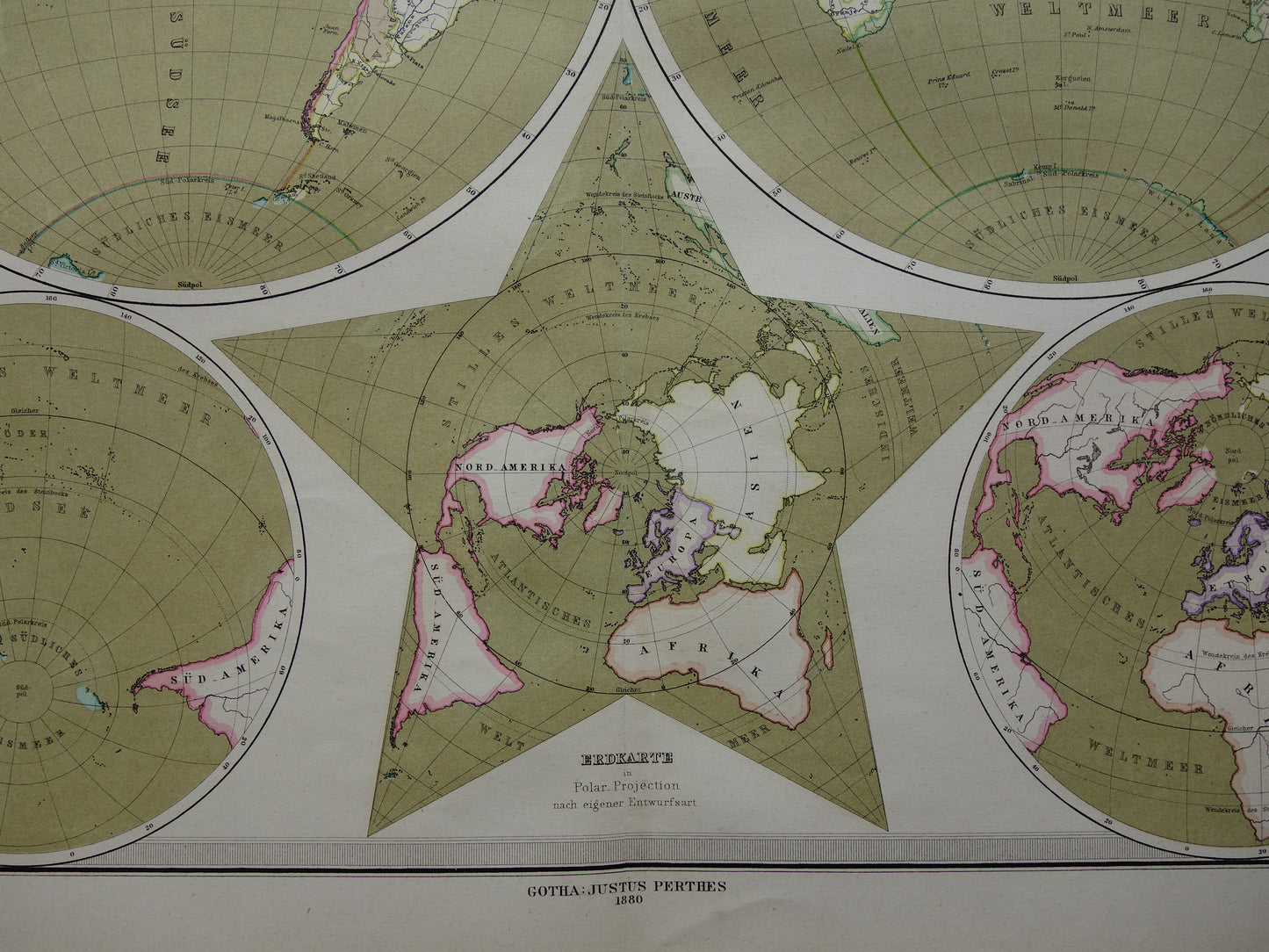 WERELDKAART grote oude kaart van de Wereld uit 1880 originele vintage landkaart grootste landmassa watermassa met datum