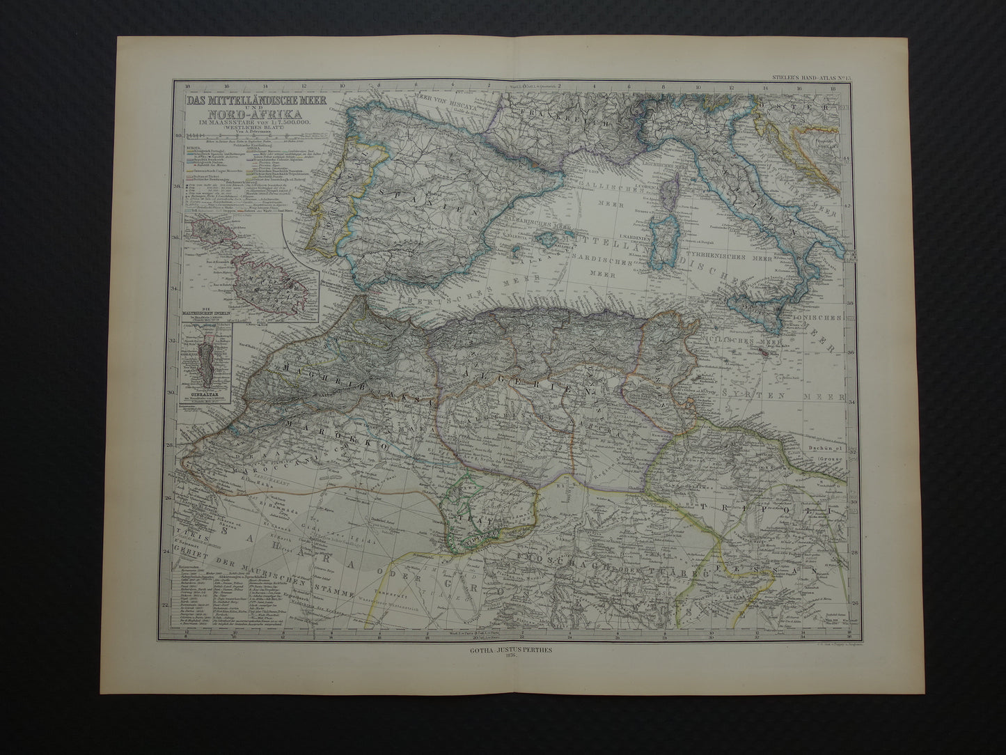 Middellandse Zee oude kaart van het Middellandse Zeegebied uit 1876 Originele antieke handgekleurde landkaart