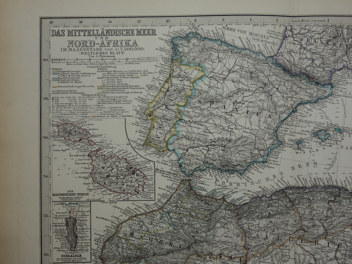 Middellandse Zee oude kaart van het Middellandse Zeegebied uit 1876 Originele antieke handgekleurde landkaart