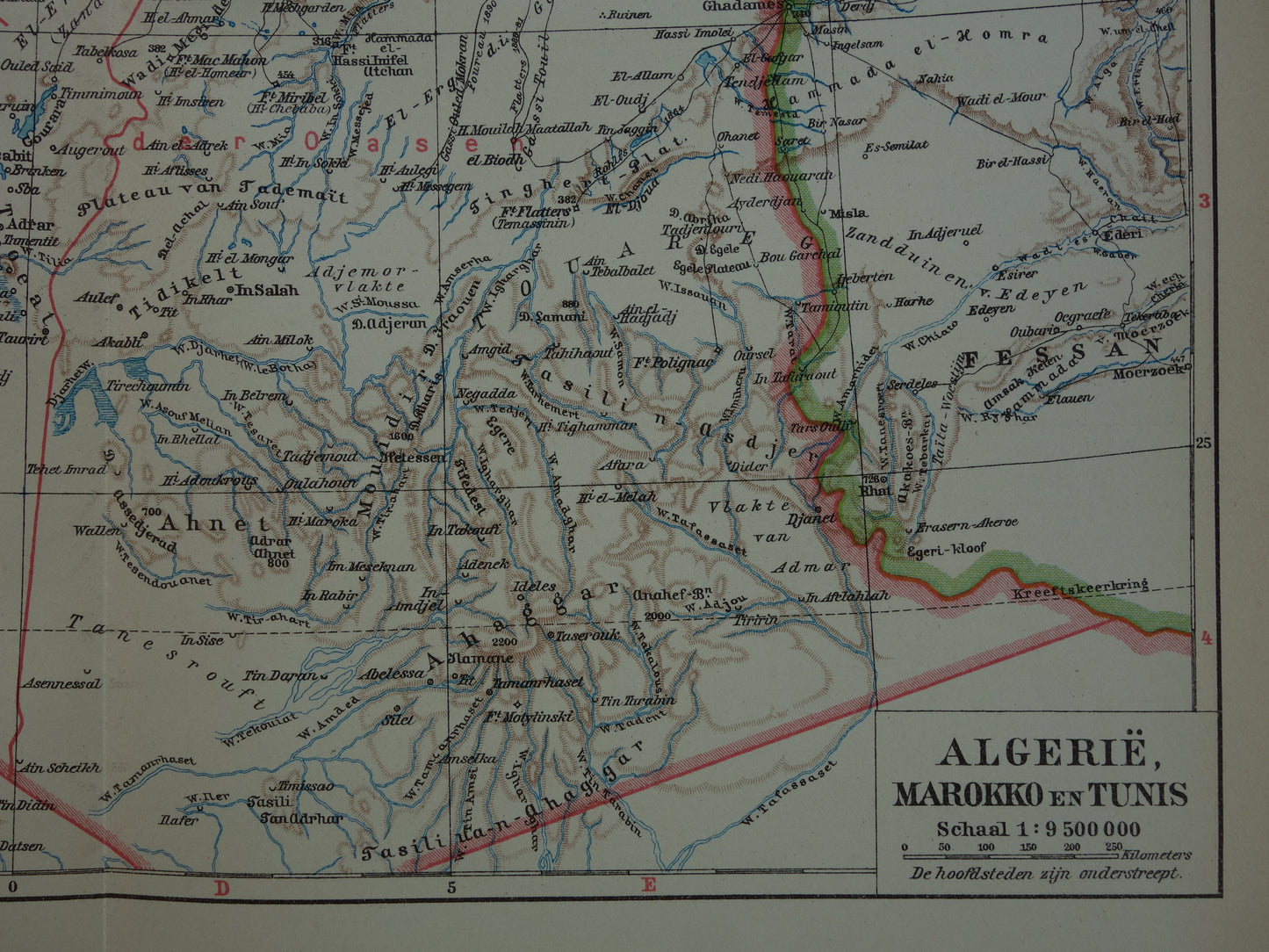 Oude kaart van Marokko Algerije en Tunesië uit 1932 originele vintage Nederlandse landkaart Rabat Tanger Fez