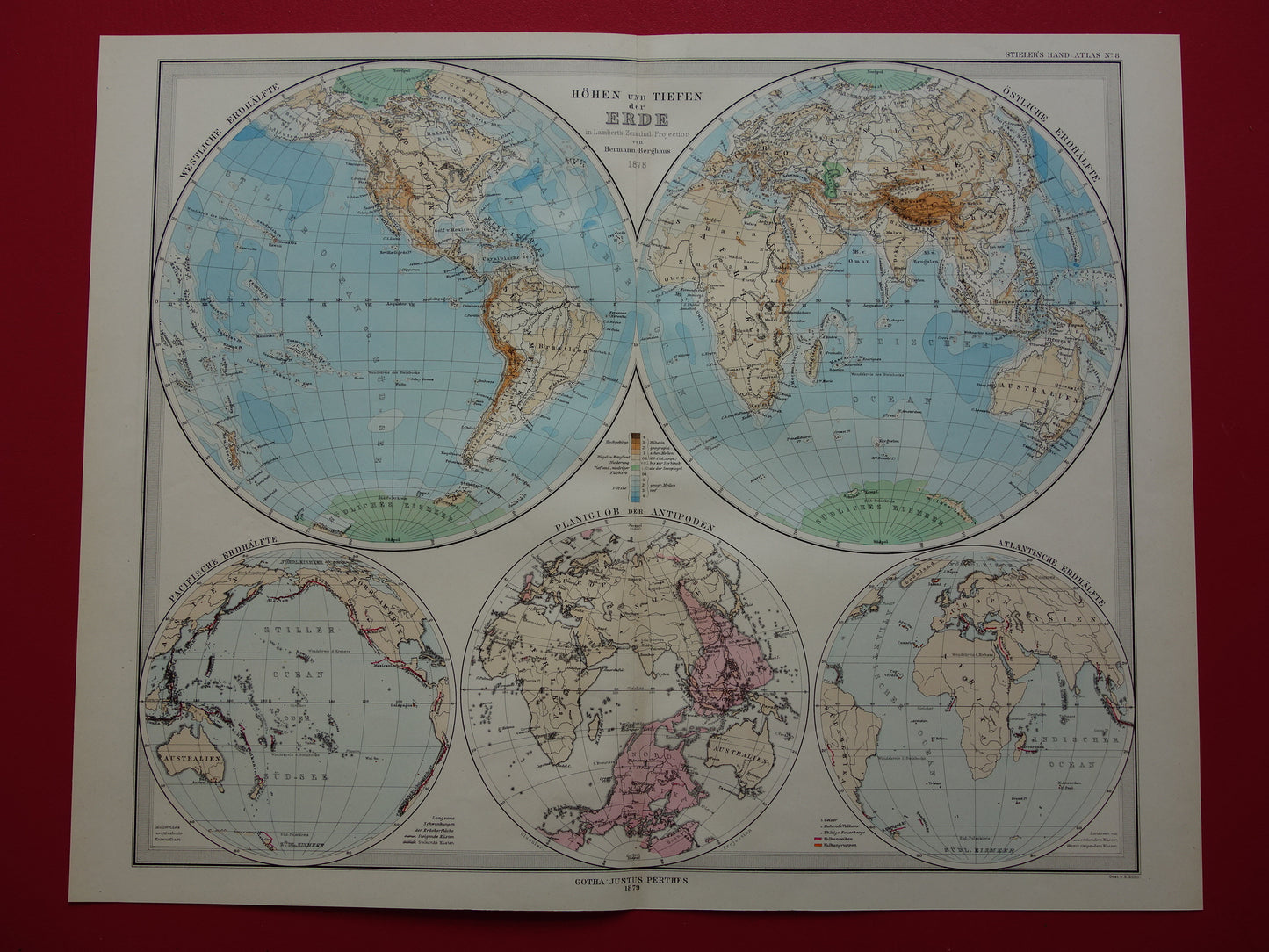 Wereldkaart oude Duitse hoogtekaart uit 1879 Originele antieke landkaart met jaartal
