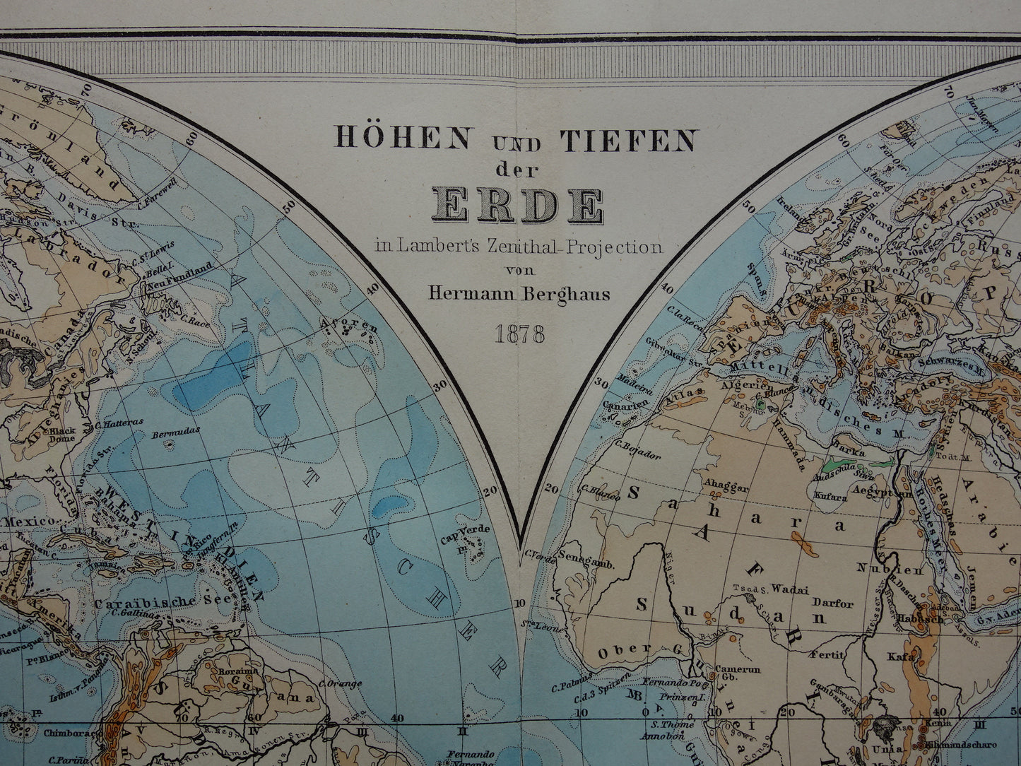 Wereldkaart oude Duitse hoogtekaart uit 1879 Originele antieke landkaart met jaartal