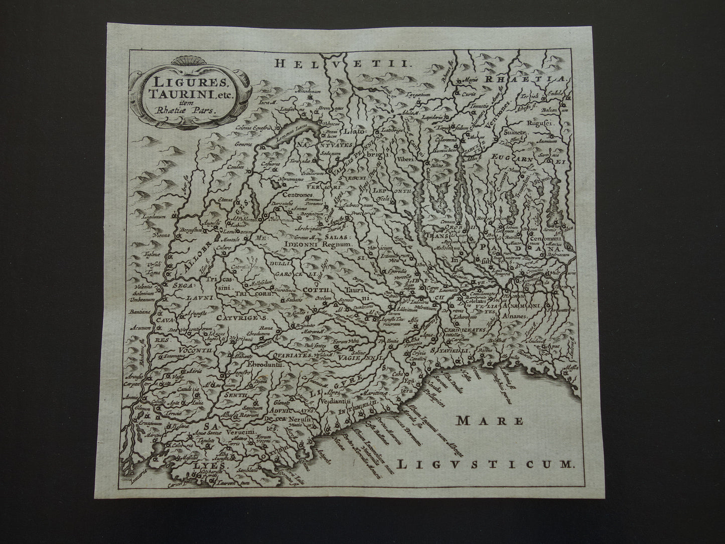 Italië 360+ jaar oude kaart van Noordwest-Italië in oudheid 1661 originele antieke Nederlandse landkaart klein formaat