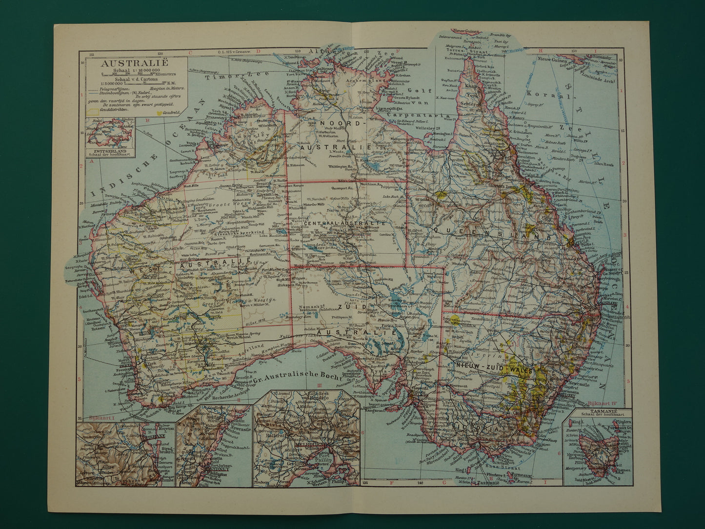 Oude kaart van Australië uit 1932 originele vintage Nederlandse kaart Tasmanië Brisbane Sydney Melbourne