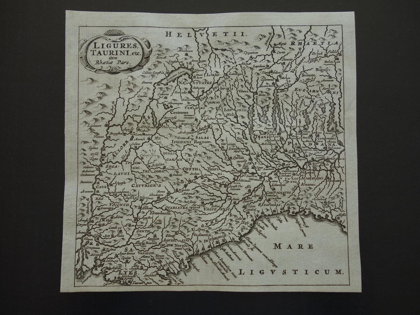 Italië 360+ jaar oude kaart van Noordwest-Italië in oudheid 1661 originele antieke Nederlandse landkaart klein formaat
