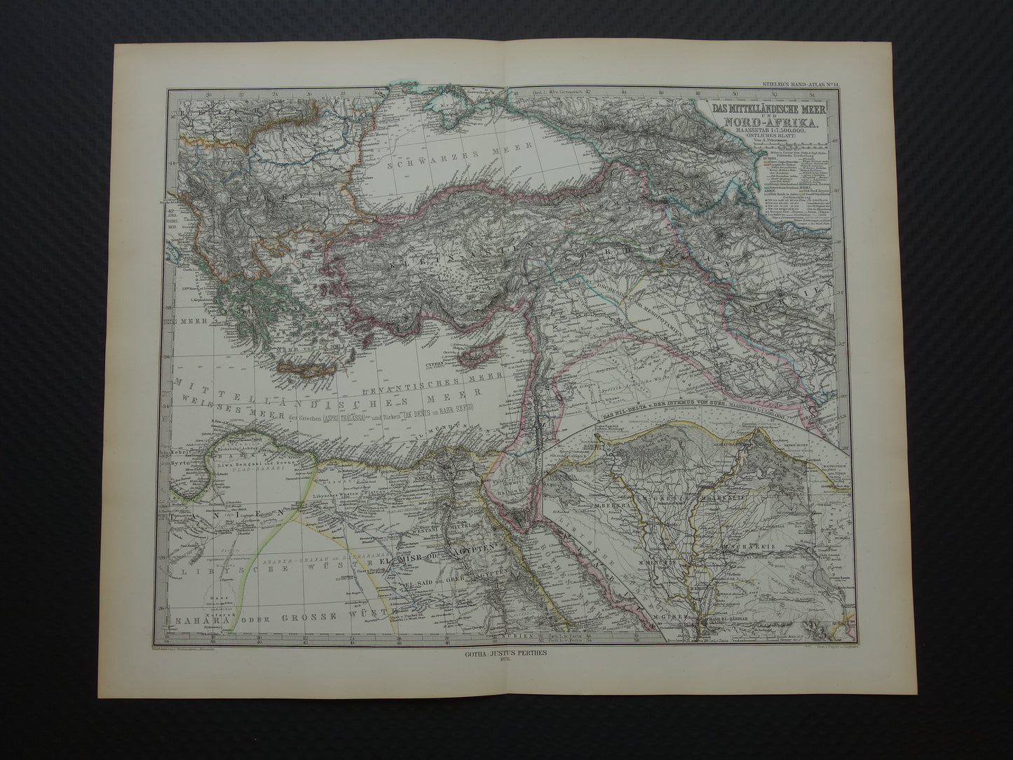 Middellandse Zee oude kaart van het Middellandse Zeegebied uit 1876 Originele antieke handgekleurde landkaart