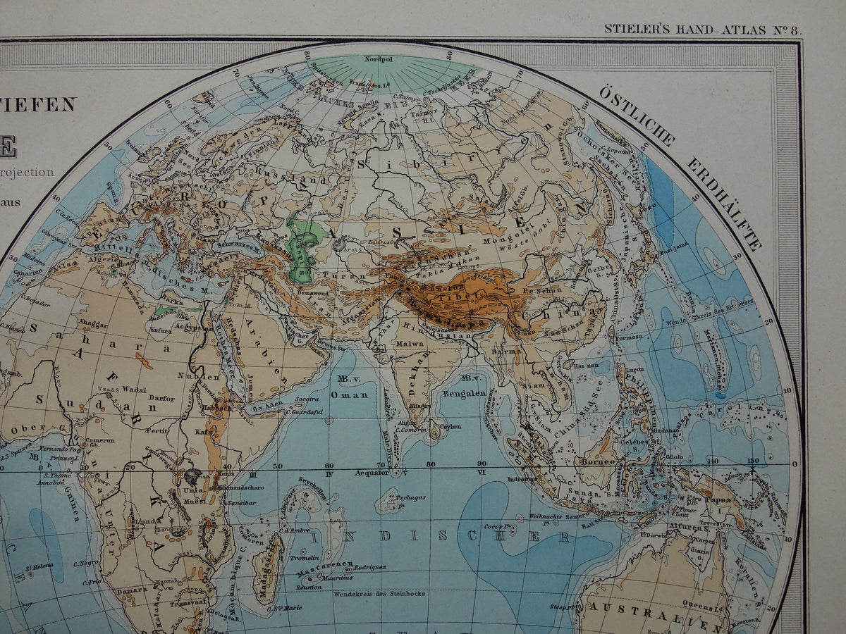 Wereldkaart oude Duitse hoogtekaart uit 1879 Originele antieke landkaart met jaartal