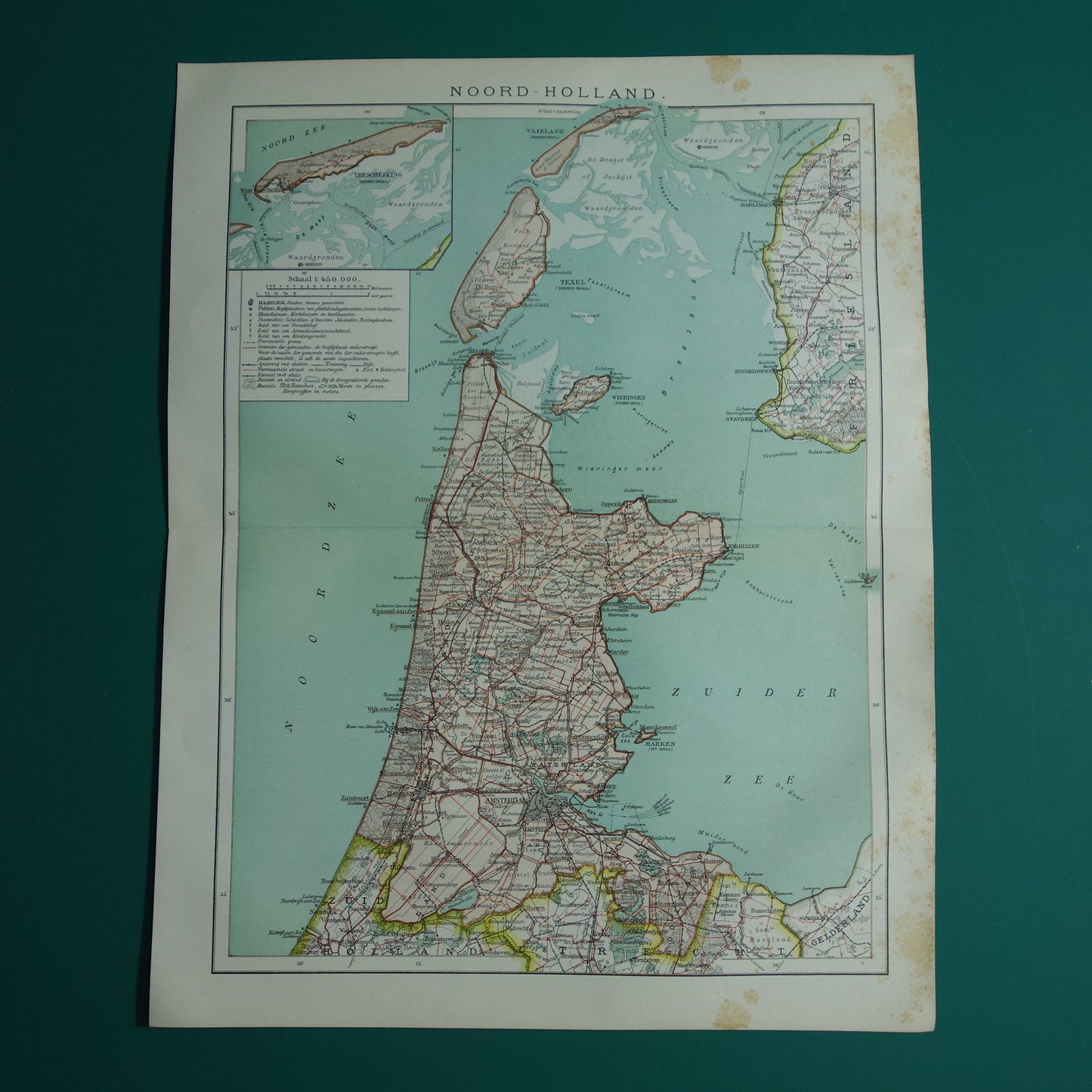 Oude kaart van de provincie Noord-Holland uit 1920 originele vintage antieke landkaart Amsterdam Enkhuizen Alkmaar Texel - Nederlandse landkaarten
