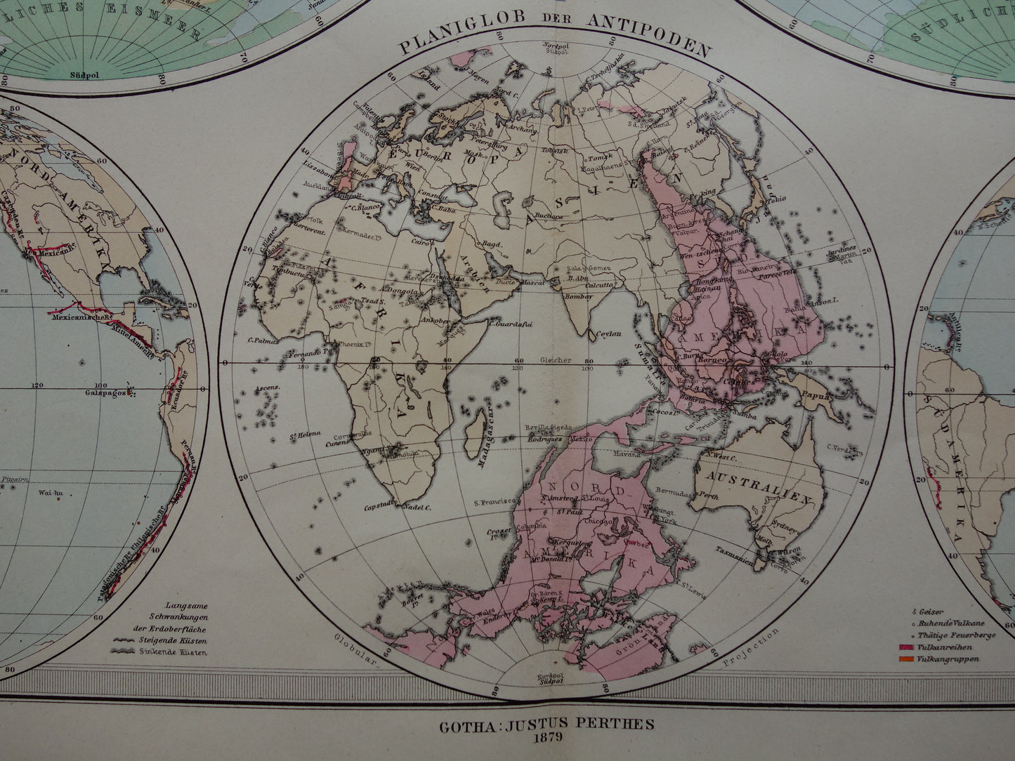 Wereldkaart oude Duitse hoogtekaart uit 1879 Originele antieke landkaart met jaartal