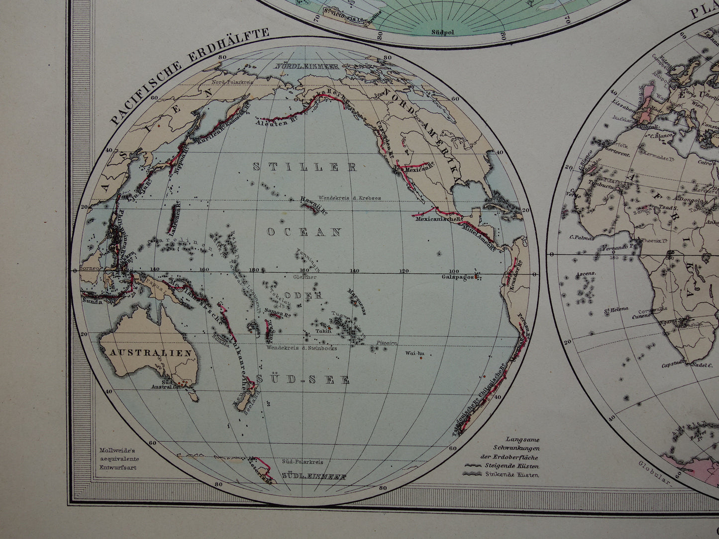 Wereldkaart oude Duitse hoogtekaart uit 1879 Originele antieke landkaart met jaartal