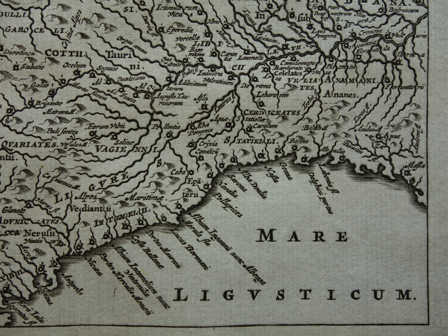 Italië 360+ jaar oude kaart van Noordwest-Italië in oudheid 1661 originele antieke Nederlandse landkaart klein formaat