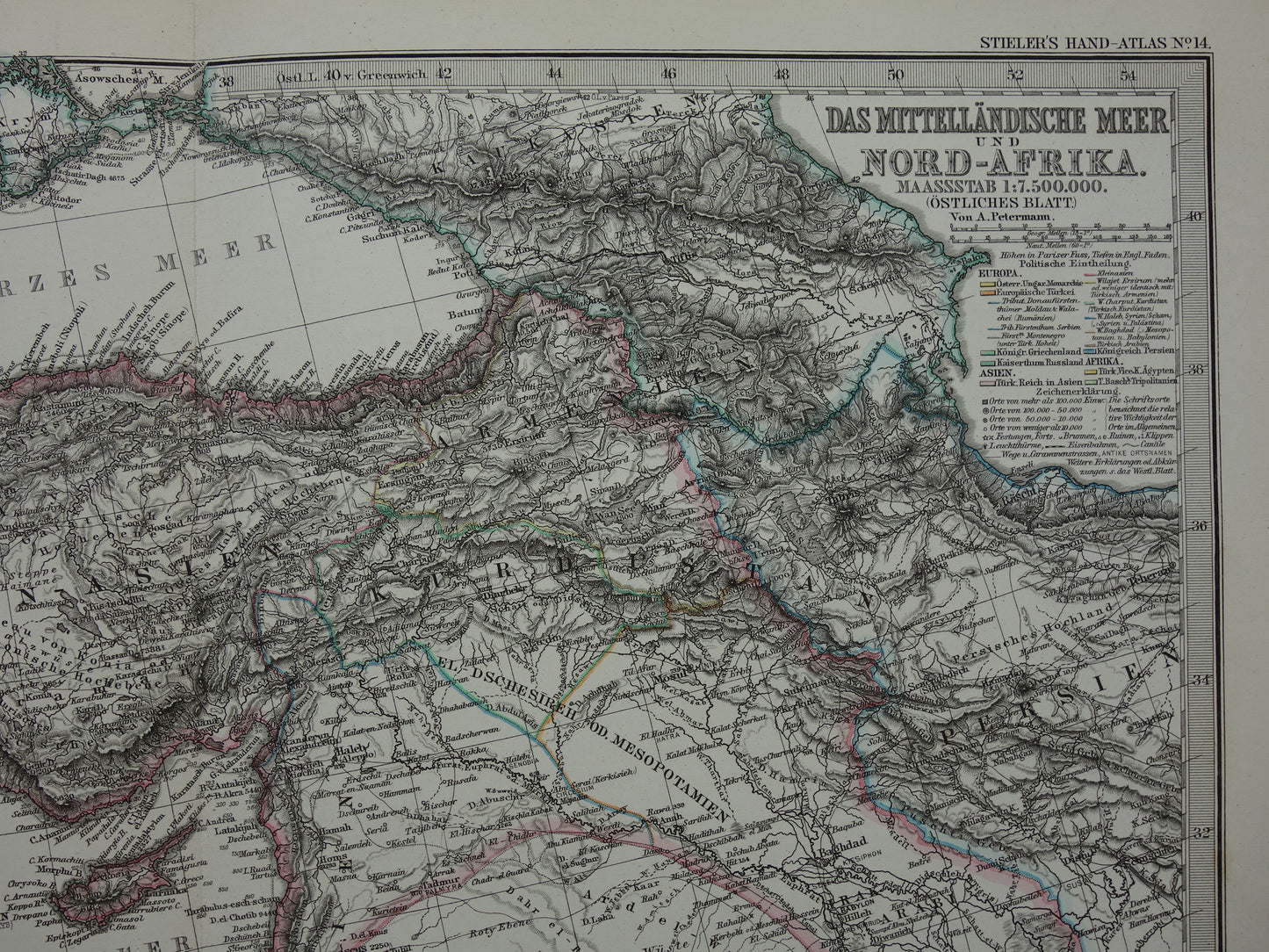 Middellandse Zee oude kaart van het Middellandse Zeegebied uit 1876 Originele antieke handgekleurde landkaart