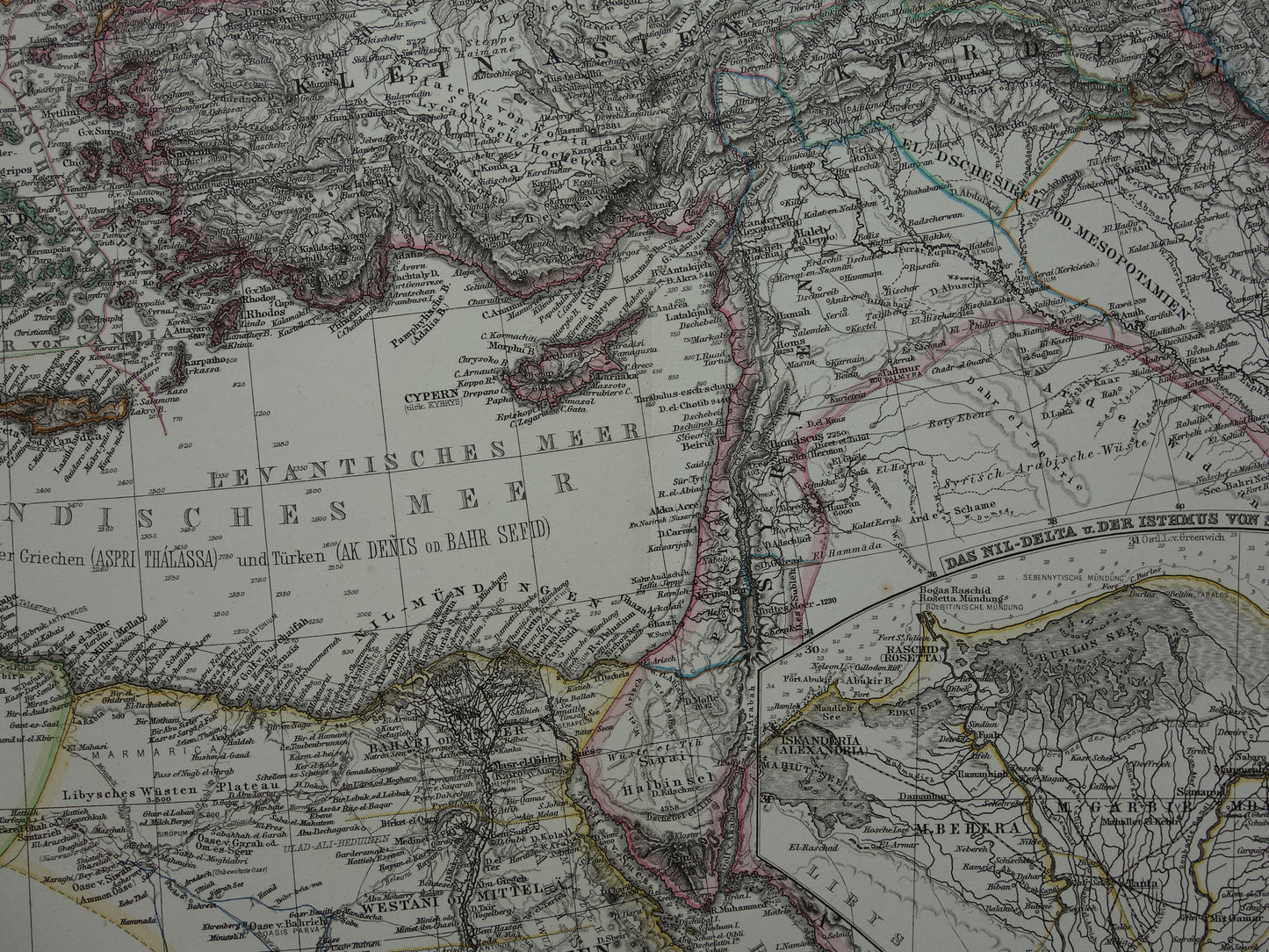 Middellandse Zee oude kaart van het Middellandse Zeegebied uit 1876 Originele antieke handgekleurde landkaart