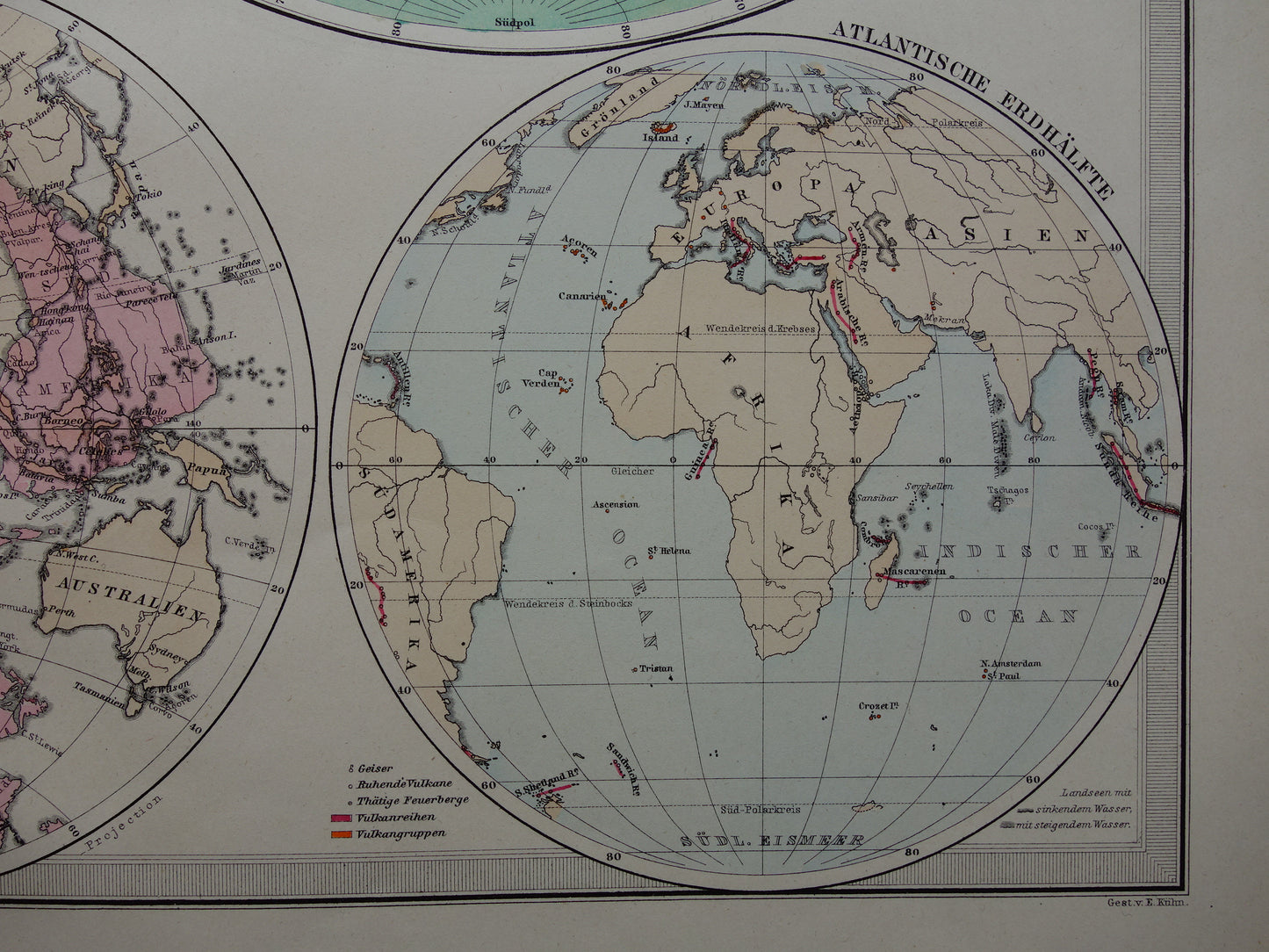 Wereldkaart oude Duitse hoogtekaart uit 1879 Originele antieke landkaart met jaartal