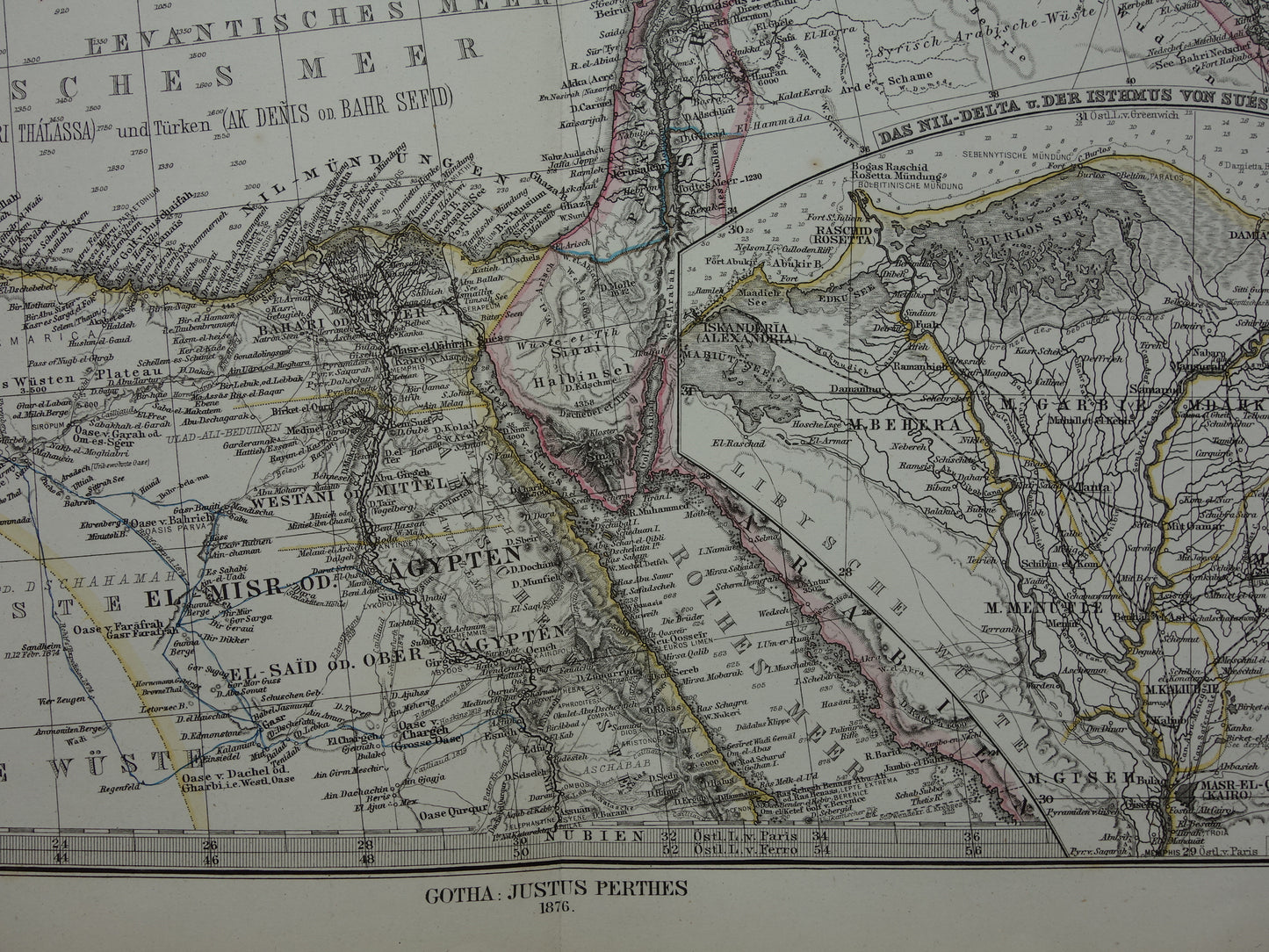 Middellandse Zee oude kaart van het Middellandse Zeegebied uit 1876 Originele antieke handgekleurde landkaart