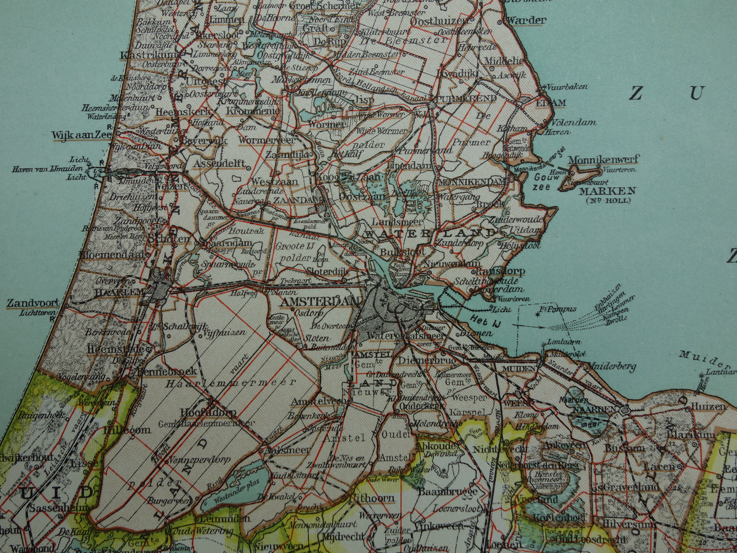 Oude kaart van de provincie Noord-Holland uit 1920 originele vintage antieke landkaart Amsterdam Enkhuizen Alkmaar Texel - Nederlandse landkaarten