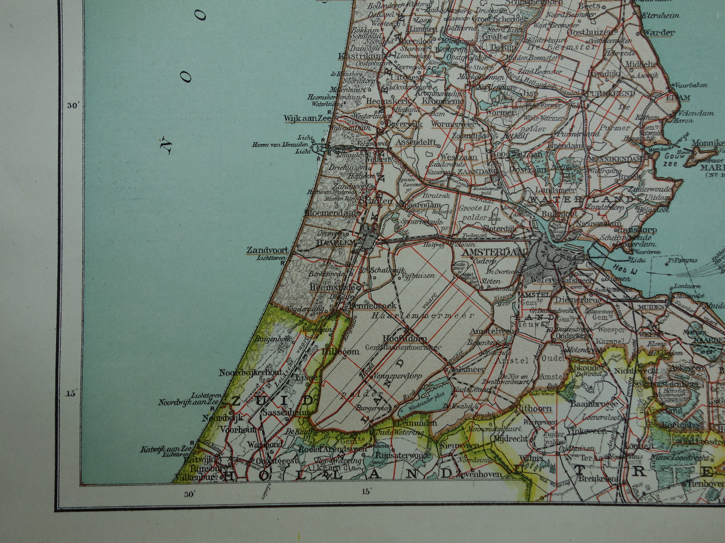 Oude kaart van de provincie Noord-Holland uit 1920 originele vintage antieke landkaart Amsterdam Enkhuizen Alkmaar Texel - Nederlandse landkaarten