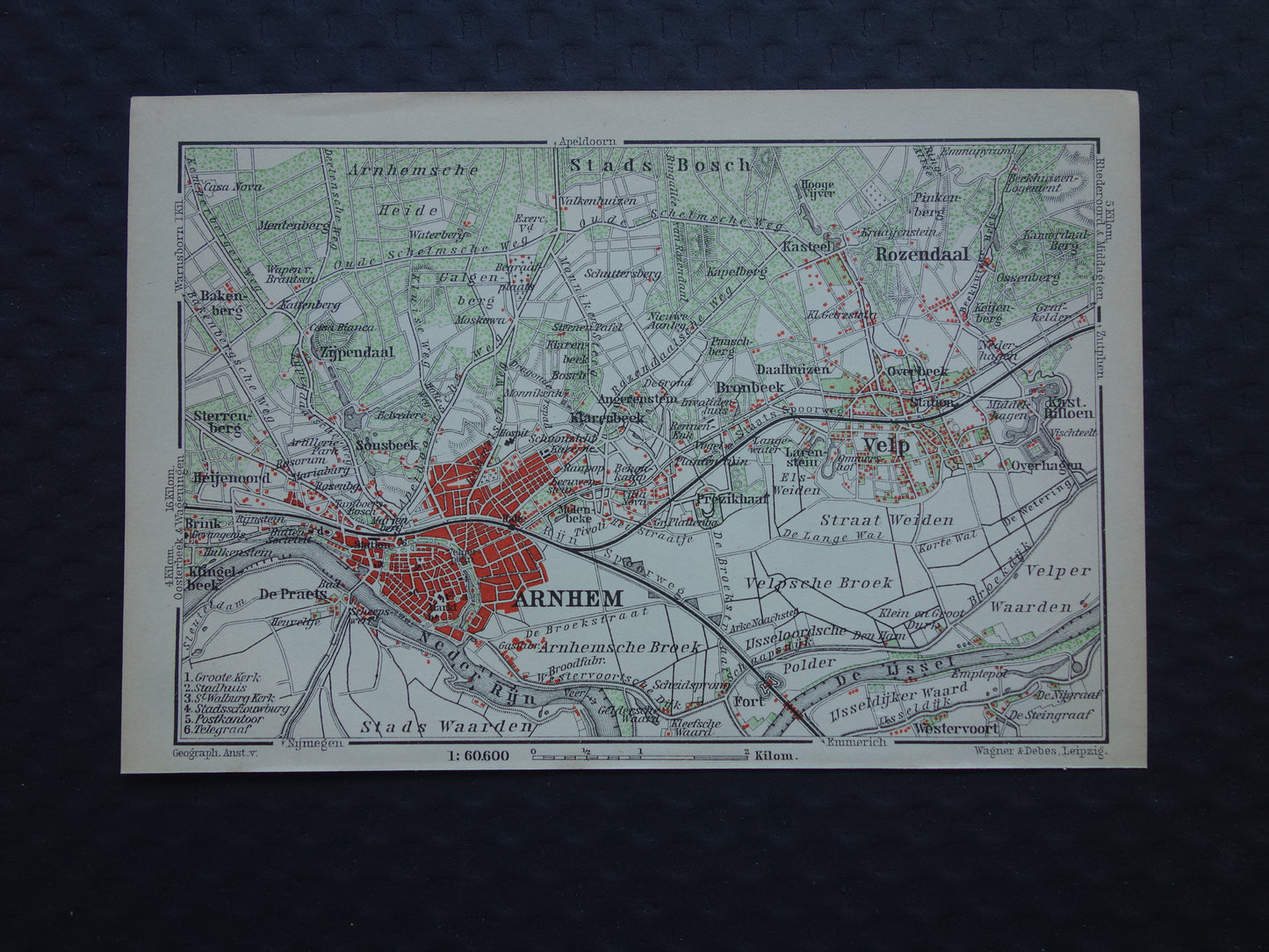 ARNHEM 1904 kleine antieke landkaart / plattegrond van Arnhem en omgeving originele oude kaart Velp Rozendaal