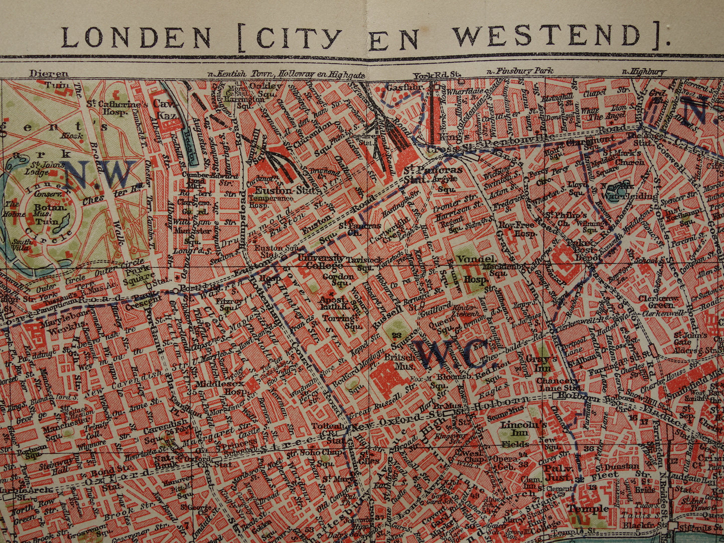 LONDEN oude plattegrond uit 1919 originele Nederlandse antieke kaart van centrum Londen City Westend