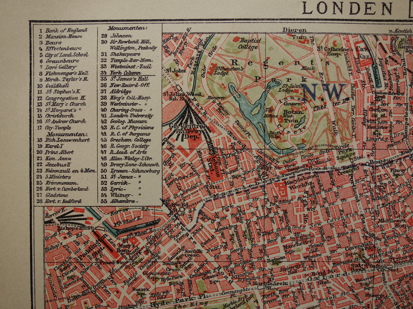 LONDEN oude plattegrond uit 1919 originele Nederlandse antieke kaart van centrum Londen City Westend