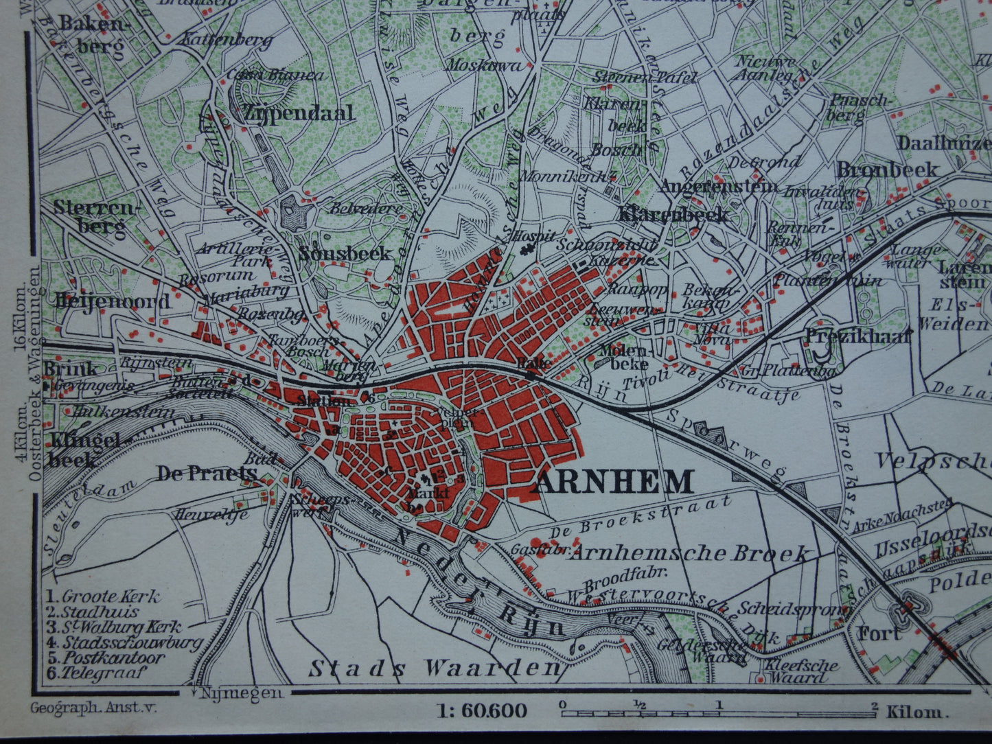ARNHEM 1904 kleine antieke landkaart / plattegrond van Arnhem en omgeving originele oude kaart Velp Rozendaal