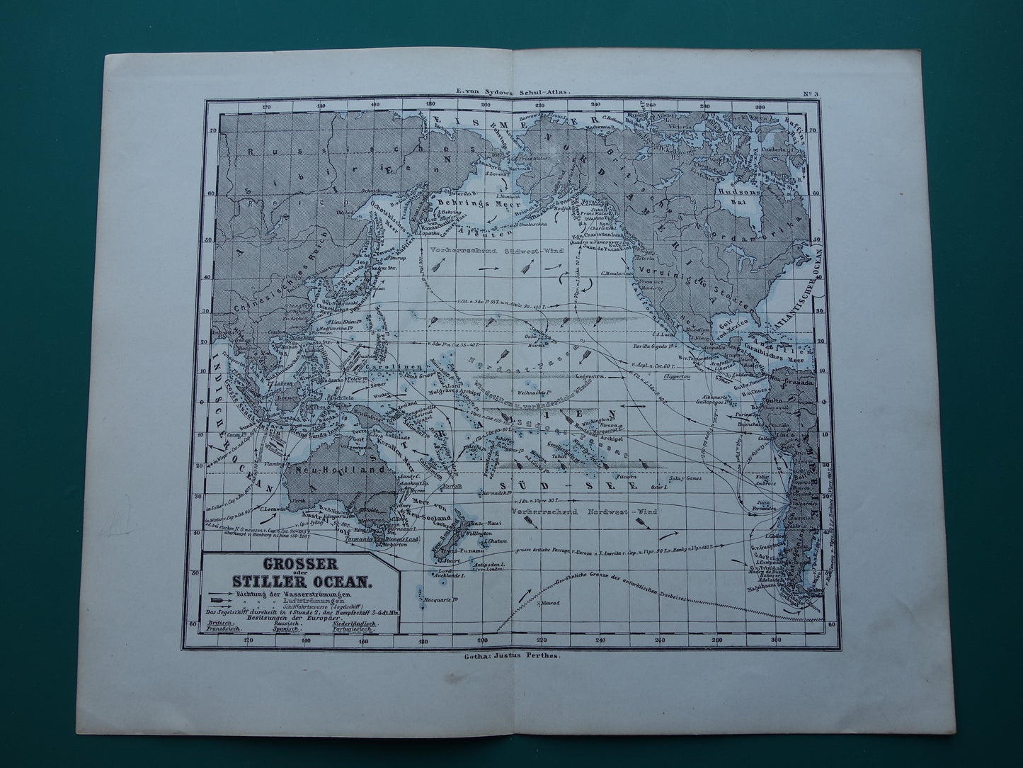STILLE OCEAAN kaart van de Grote Oceaan Pacific Originele 150+ jaar oude antieke Duitse landkaart zeekaart