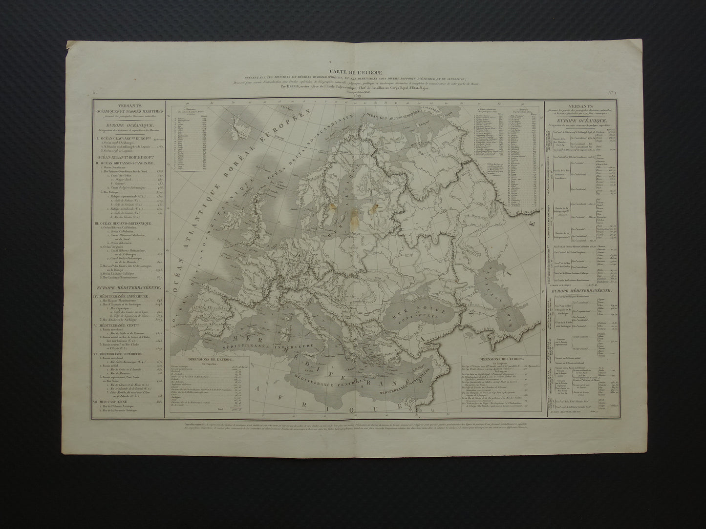 EUROPA antieke hydrografische kaart van Europa uit 1830