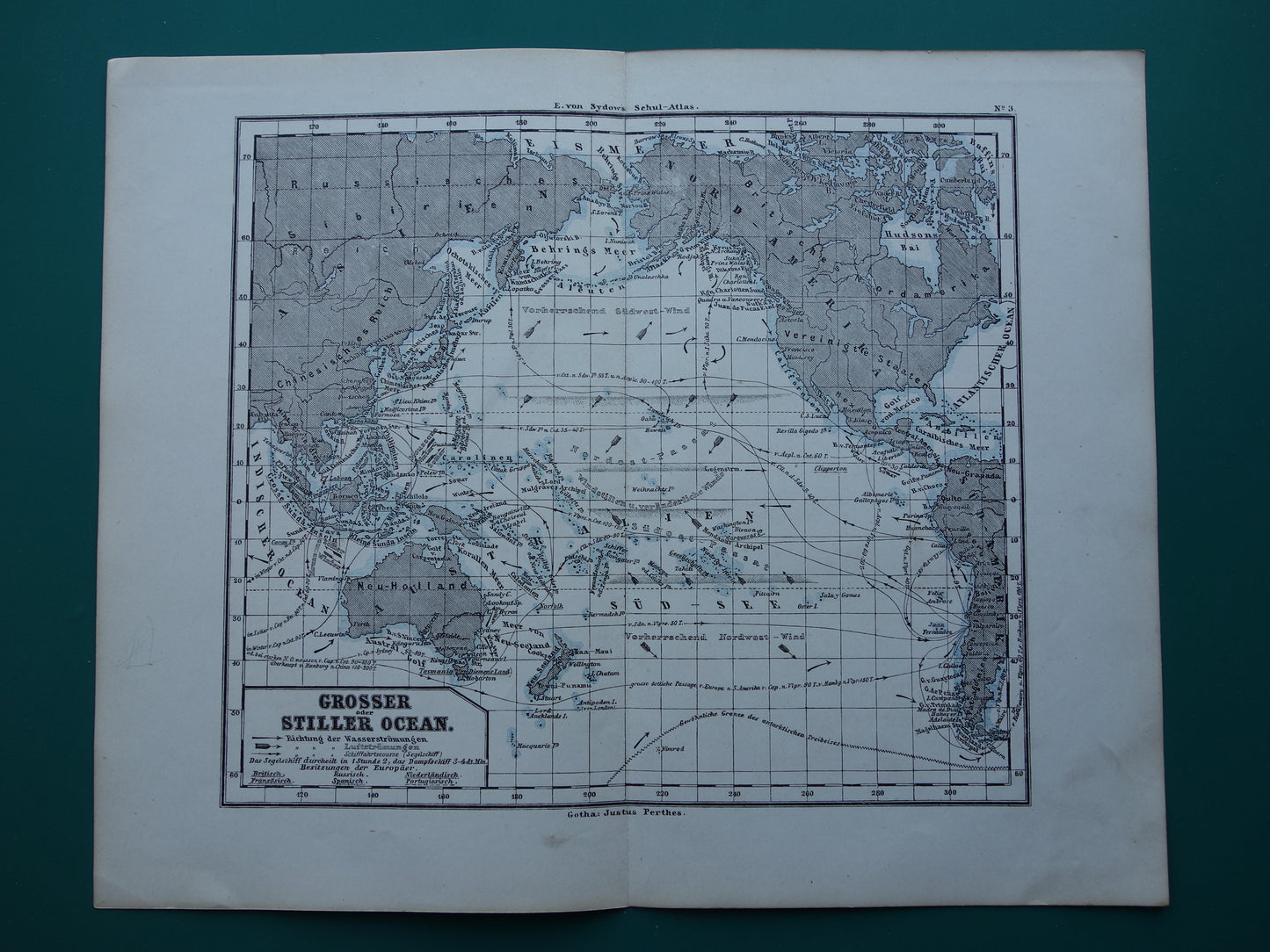 STILLE OCEAAN kaart van de Grote Oceaan Pacific Originele 150+ jaar oude antieke Duitse landkaart zeekaart