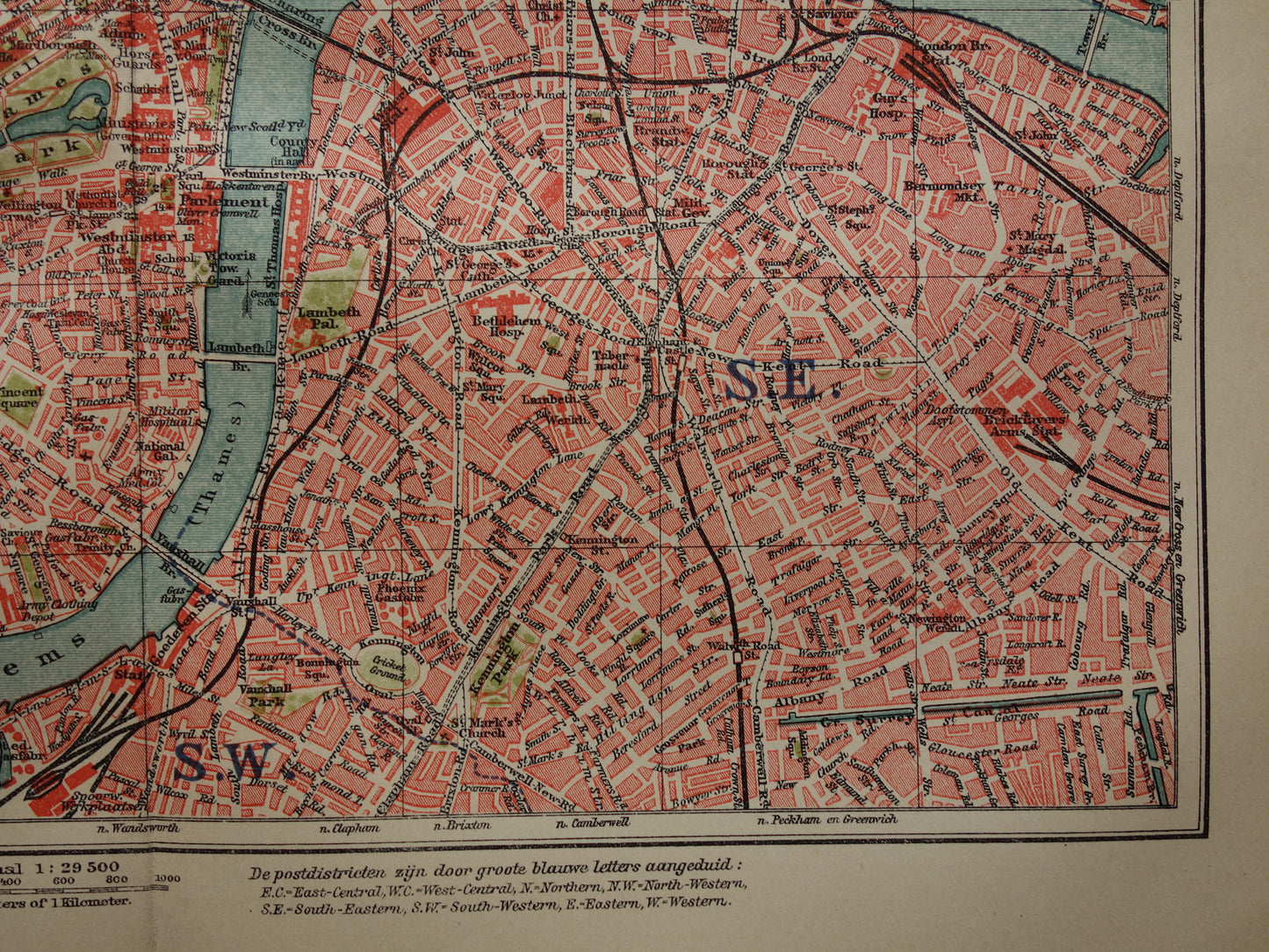 LONDEN oude plattegrond uit 1919 originele Nederlandse antieke kaart van centrum Londen City Westend
