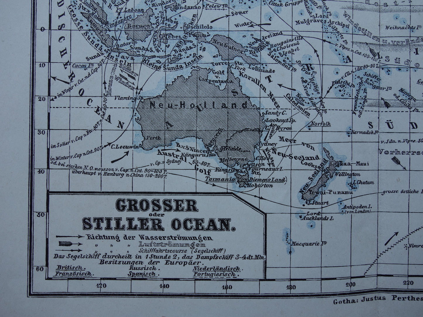 STILLE OCEAAN kaart van de Grote Oceaan Pacific Originele 150+ jaar oude antieke Duitse landkaart zeekaart