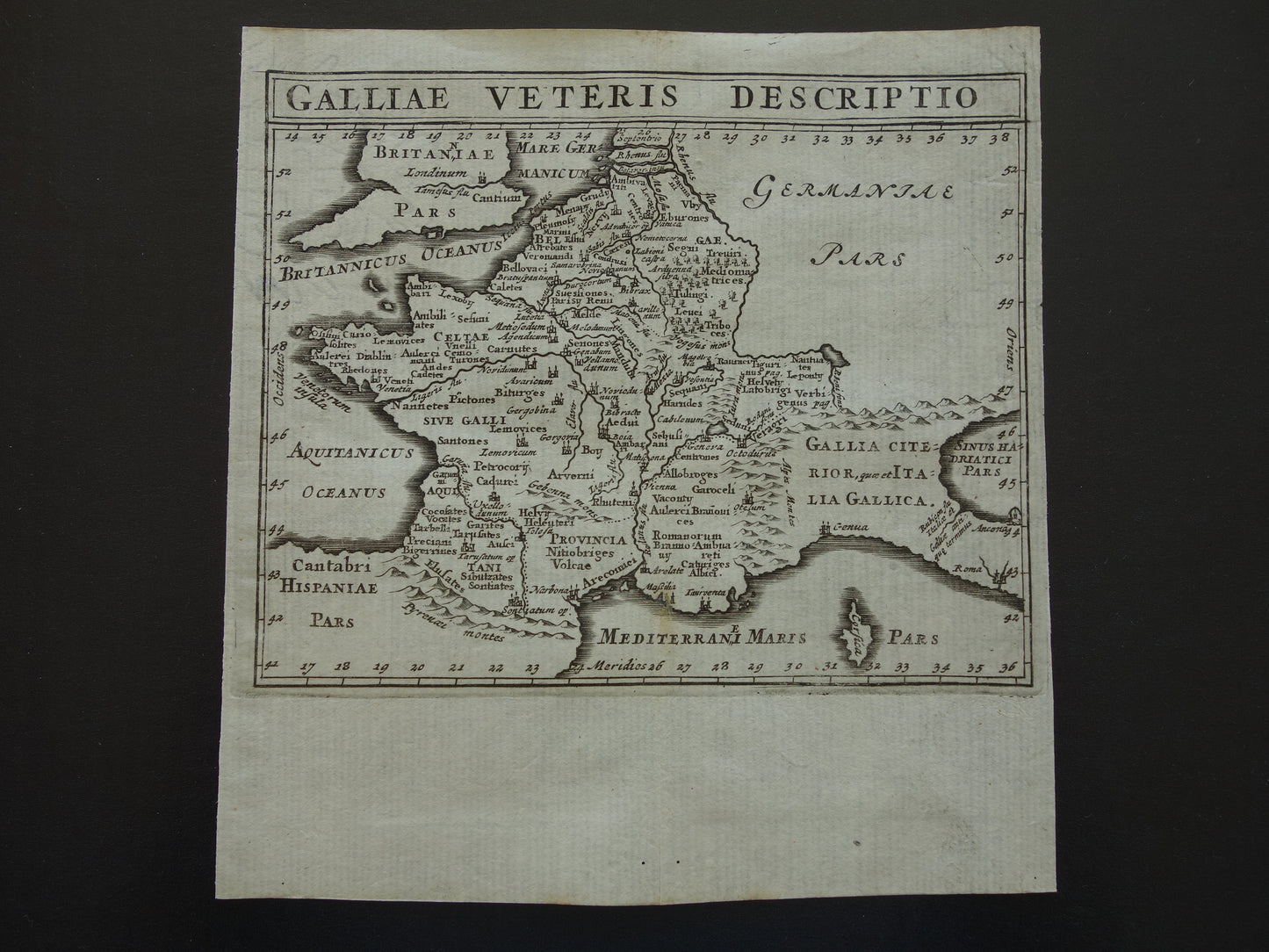Oude kleine historische landkaart van Frankrijk België in klassieke oudheid 1661 originele antieke kaart Gallië Limes