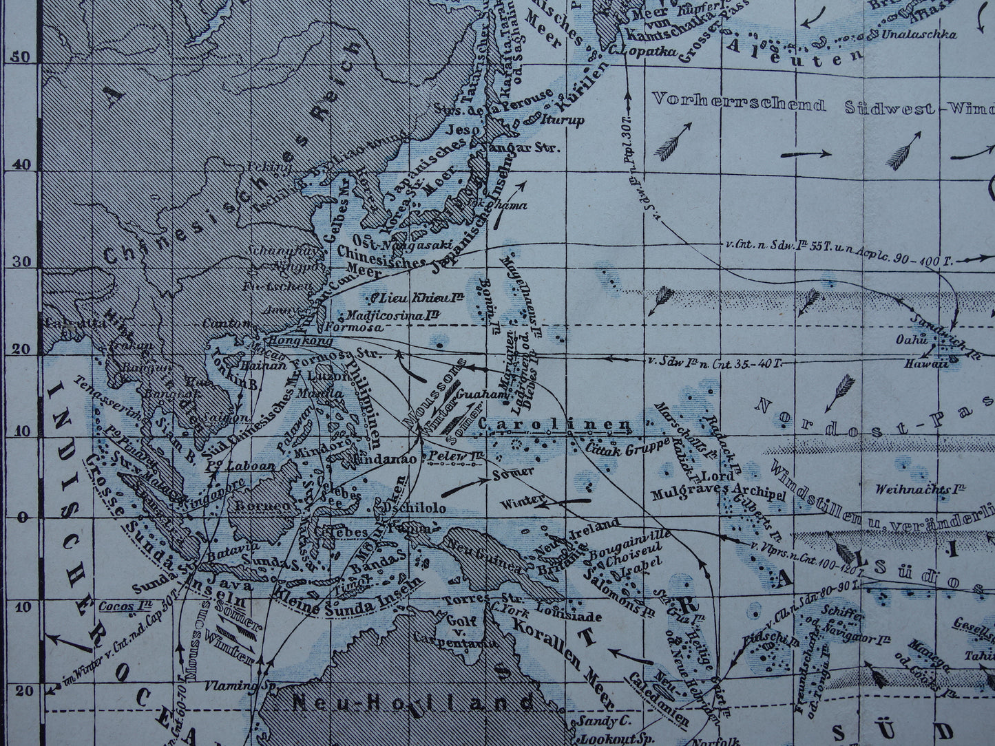 STILLE OCEAAN kaart van de Grote Oceaan Pacific Originele 150+ jaar oude antieke Duitse landkaart zeekaart