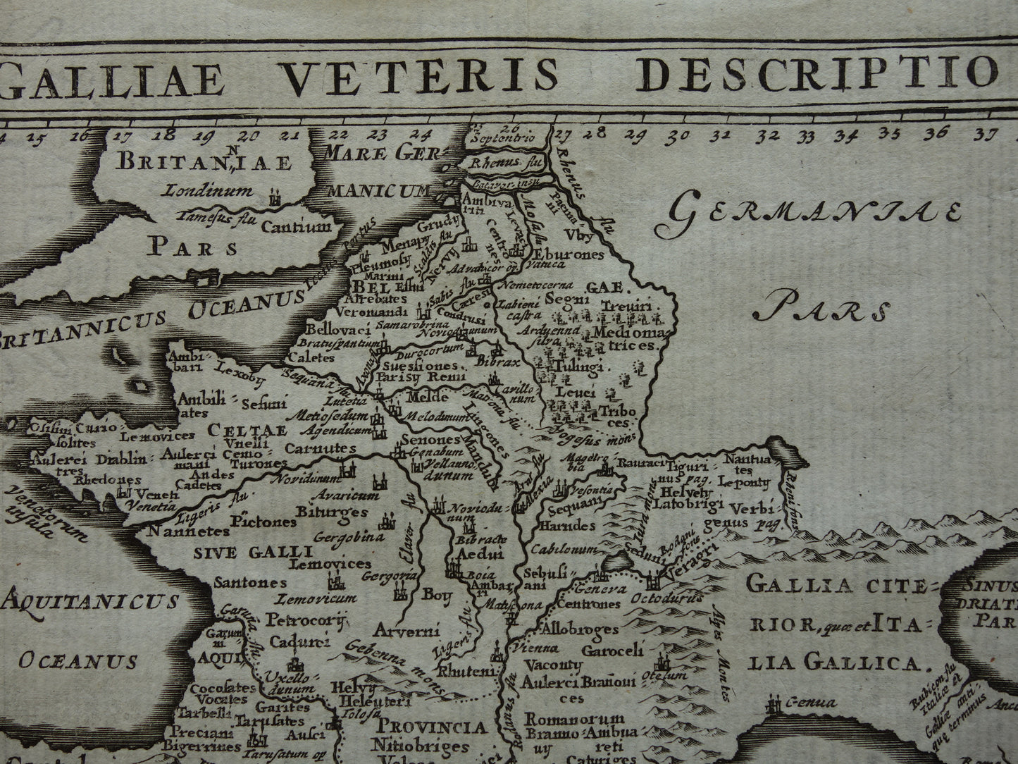 Oude kleine historische landkaart van Frankrijk België in klassieke oudheid 1661 originele antieke kaart Gallië Limes