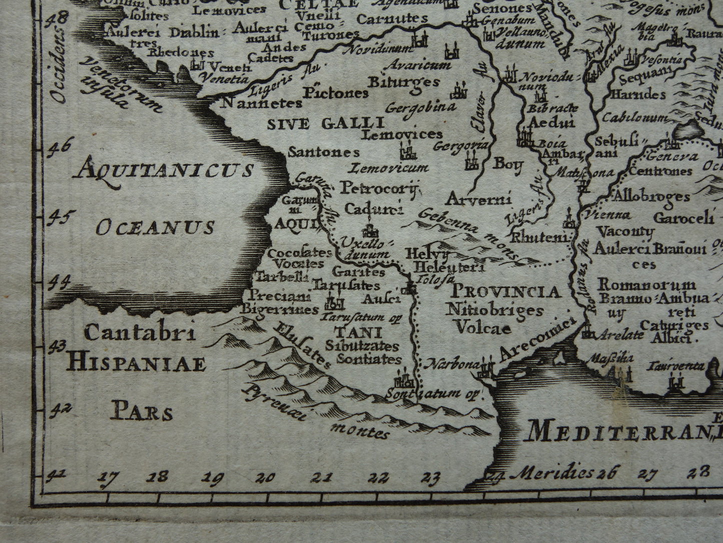 Oude kleine historische landkaart van Frankrijk België in klassieke oudheid 1661 originele antieke kaart Gallië Limes