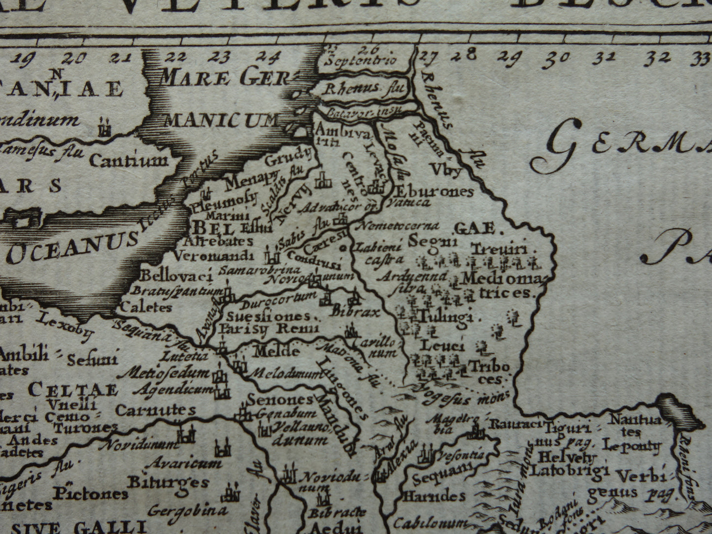 Oude kleine historische landkaart van Frankrijk België in klassieke oudheid 1661 originele antieke kaart Gallië Limes