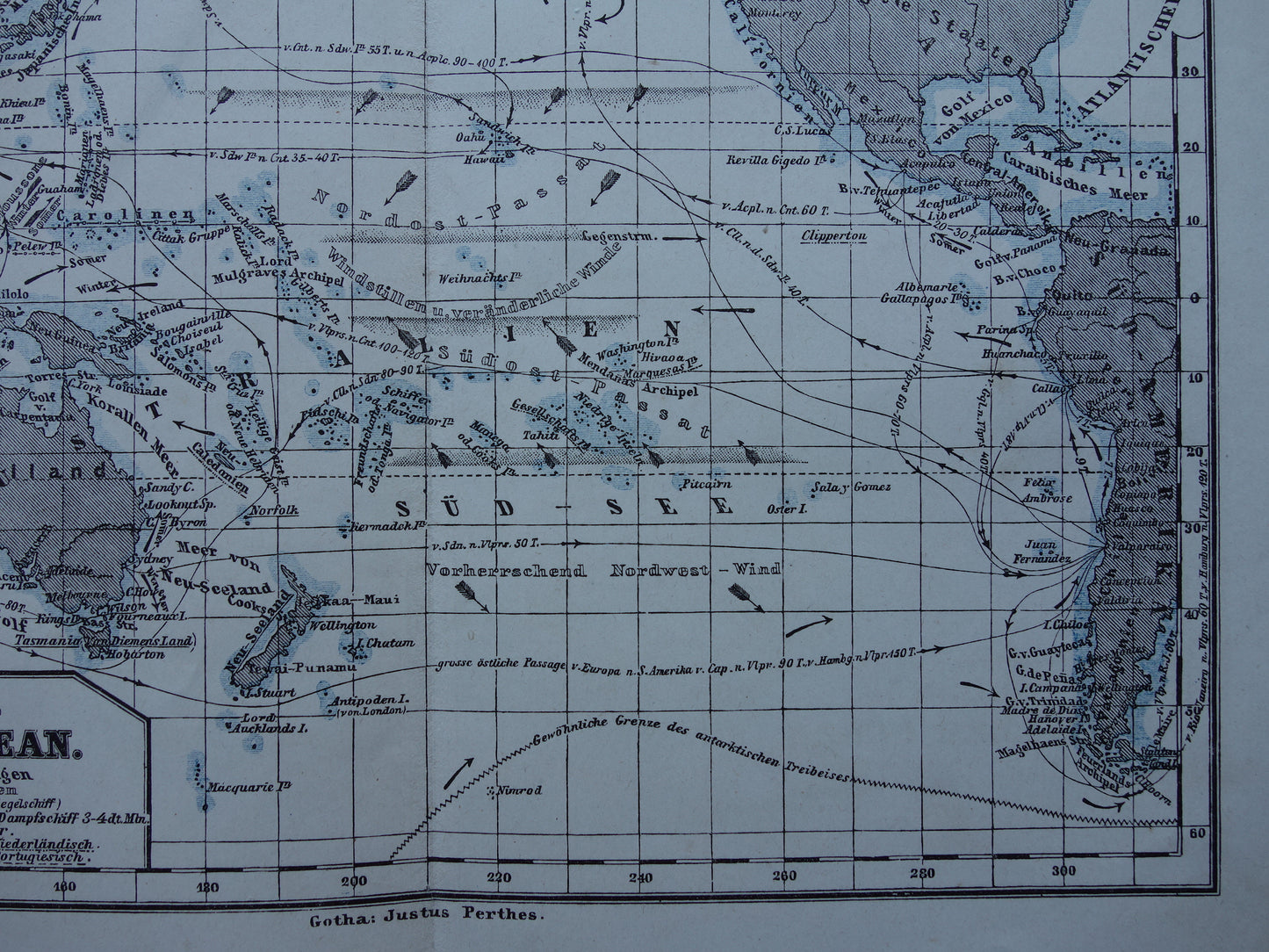 STILLE OCEAAN kaart van de Grote Oceaan Pacific Originele 150+ jaar oude antieke Duitse landkaart zeekaart