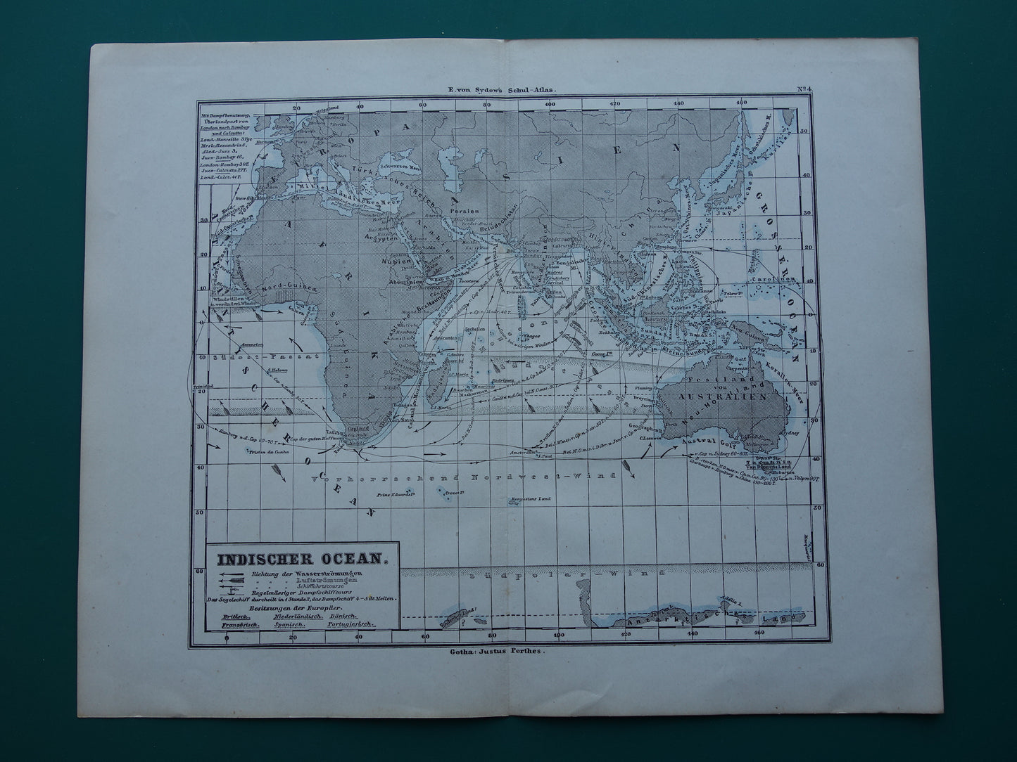 Antieke kaart van de Indische Oceaan Originele 150+ jaar oude antieke Duitse landkaart zeekaart