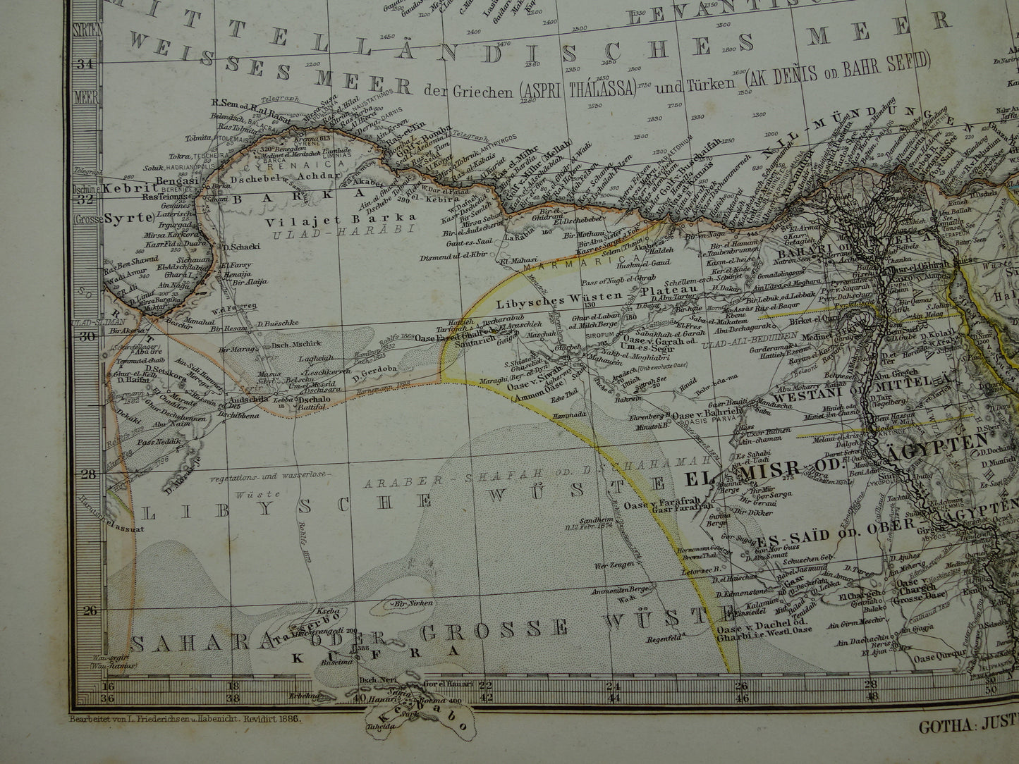 Middellandse Zee antieke kaart van Mediterranée uit 1886 Originele 135+ jaar oude handgekleurde landkaart Italië Griekenland Spanje Turkije Noord-Afrika poster M. zeegebied