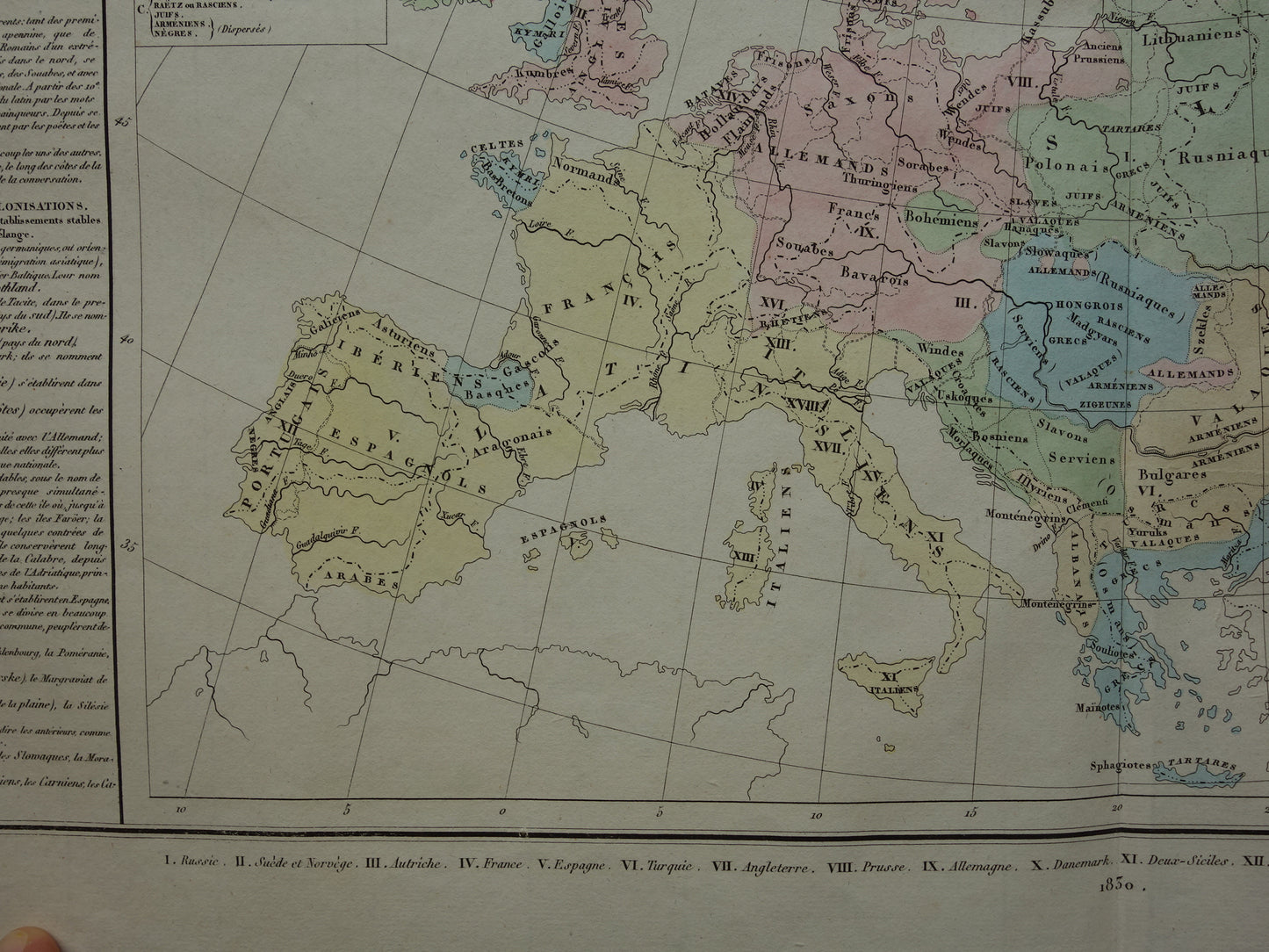 EUROPA oude kaart van Europa uit 1830 over taal en volken Antieke Landkaart Linguïstisch