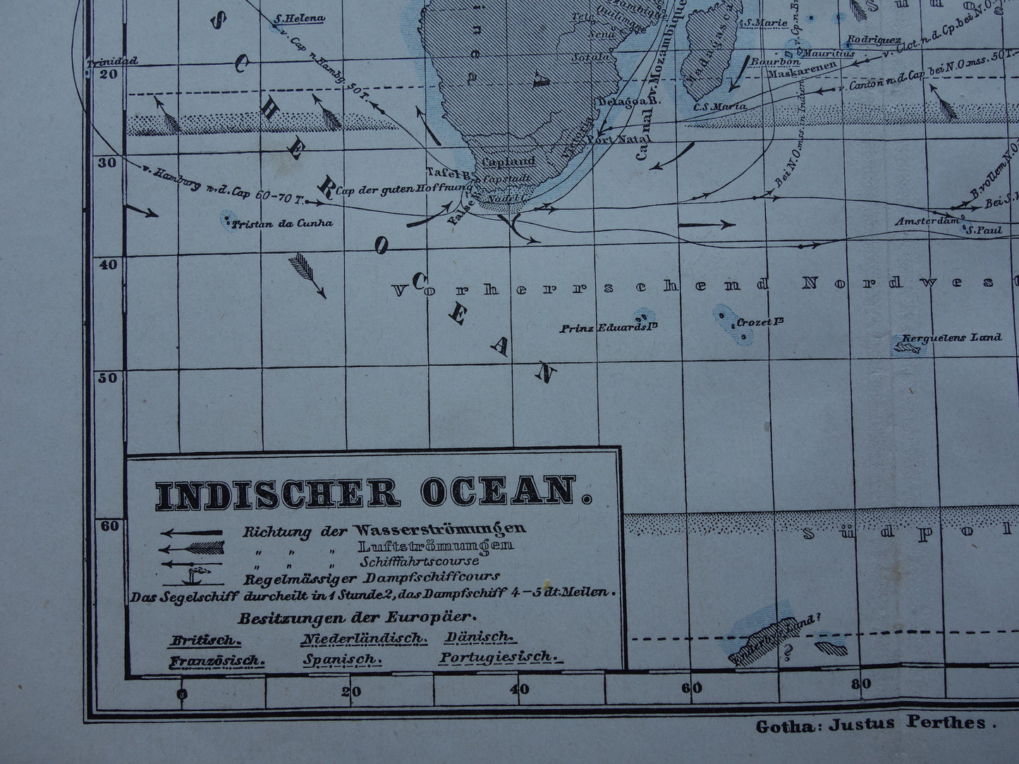Antieke kaart van de Indische Oceaan Originele 150+ jaar oude antieke Duitse landkaart zeekaart