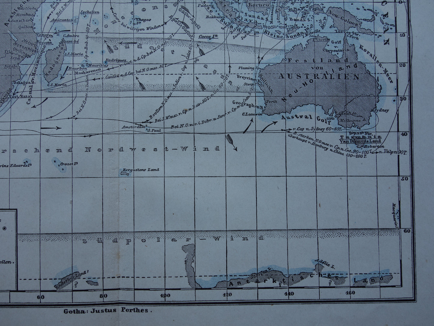 Antieke kaart van de Indische Oceaan Originele 150+ jaar oude antieke Duitse landkaart zeekaart