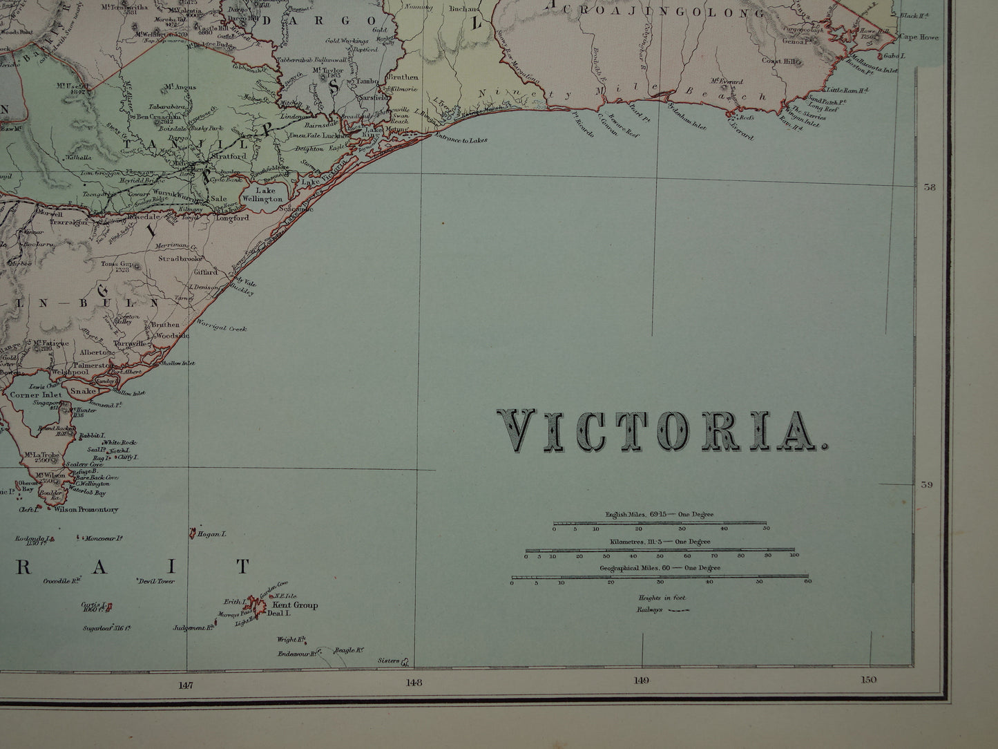 Victoria Australië oude kaart 1890 originele antieke Engelse landkaart Victoria VIC staat poster