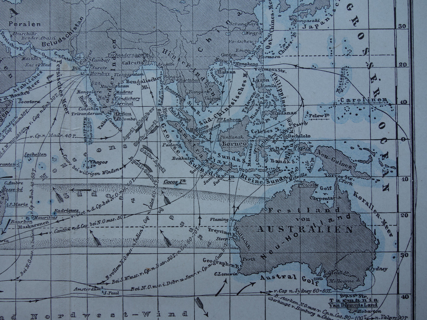 Antieke kaart van de Indische Oceaan Originele 150+ jaar oude antieke Duitse landkaart zeekaart