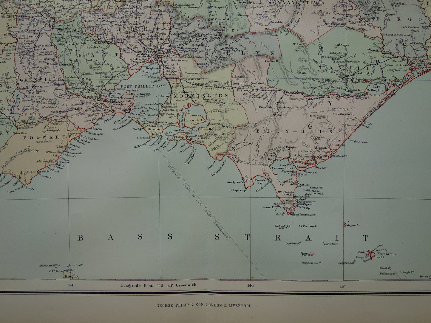 Victoria Australië oude kaart 1890 originele antieke Engelse landkaart Victoria VIC staat poster