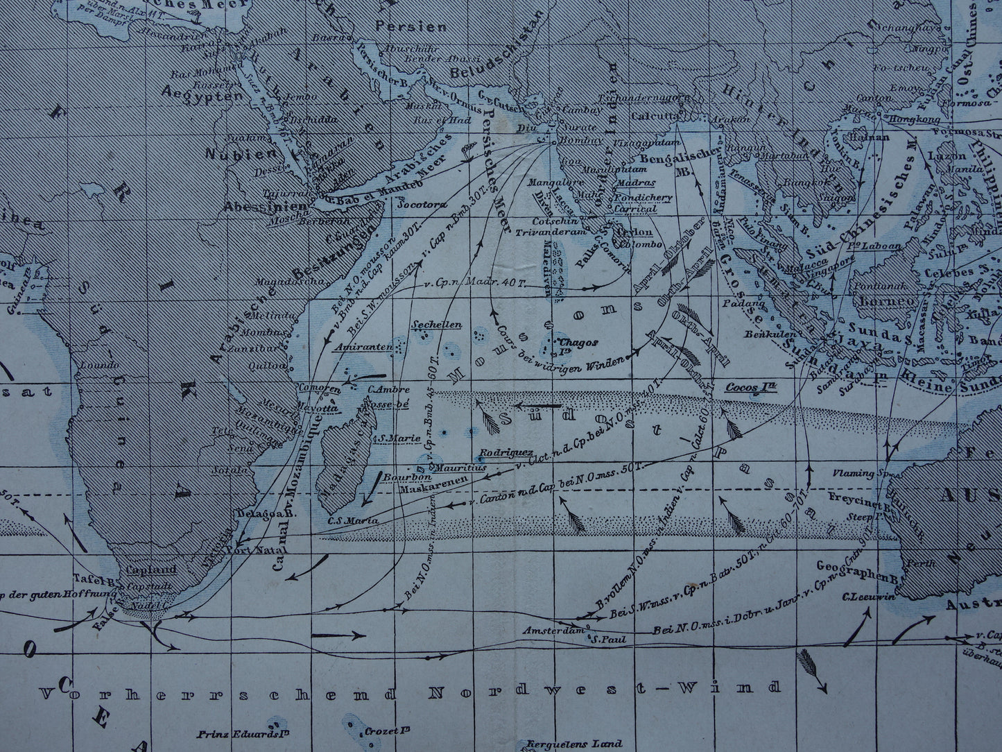 Antieke kaart van de Indische Oceaan Originele 150+ jaar oude antieke Duitse landkaart zeekaart