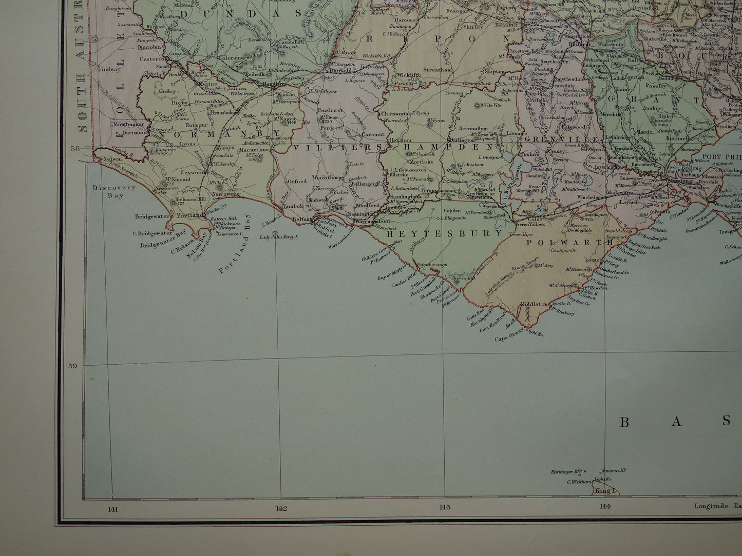 Victoria Australië oude kaart 1890 originele antieke Engelse landkaart Victoria VIC staat poster
